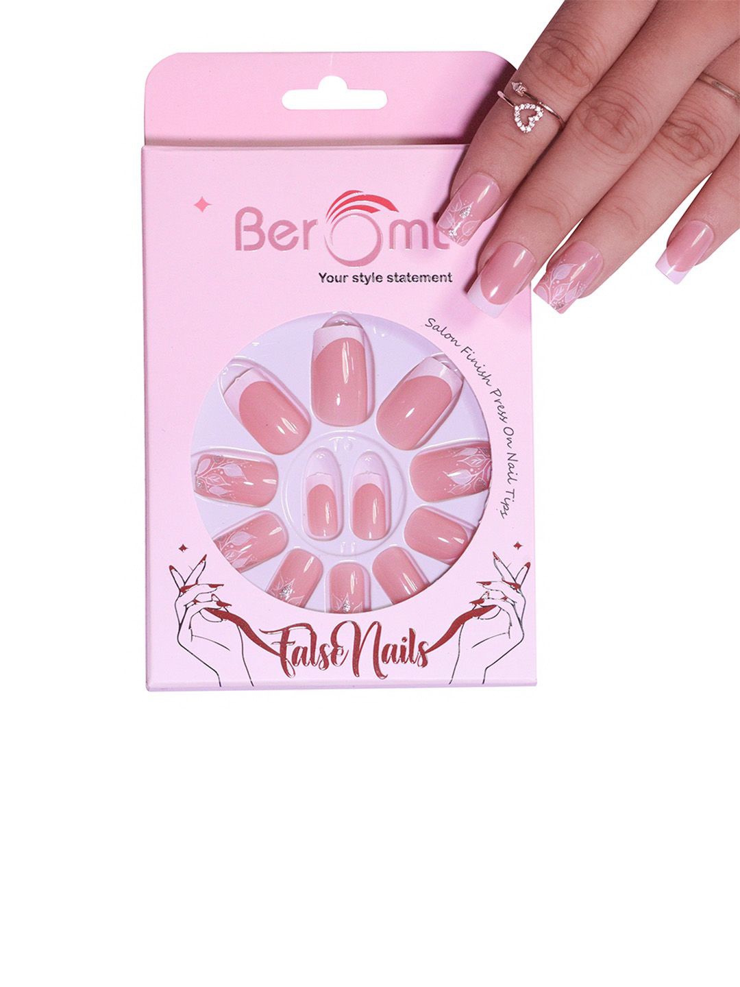 

BEROMT Set Of 16 Stick On French Tips Nails With Filer- Cuticle Stick- Swab & Glue, Pink