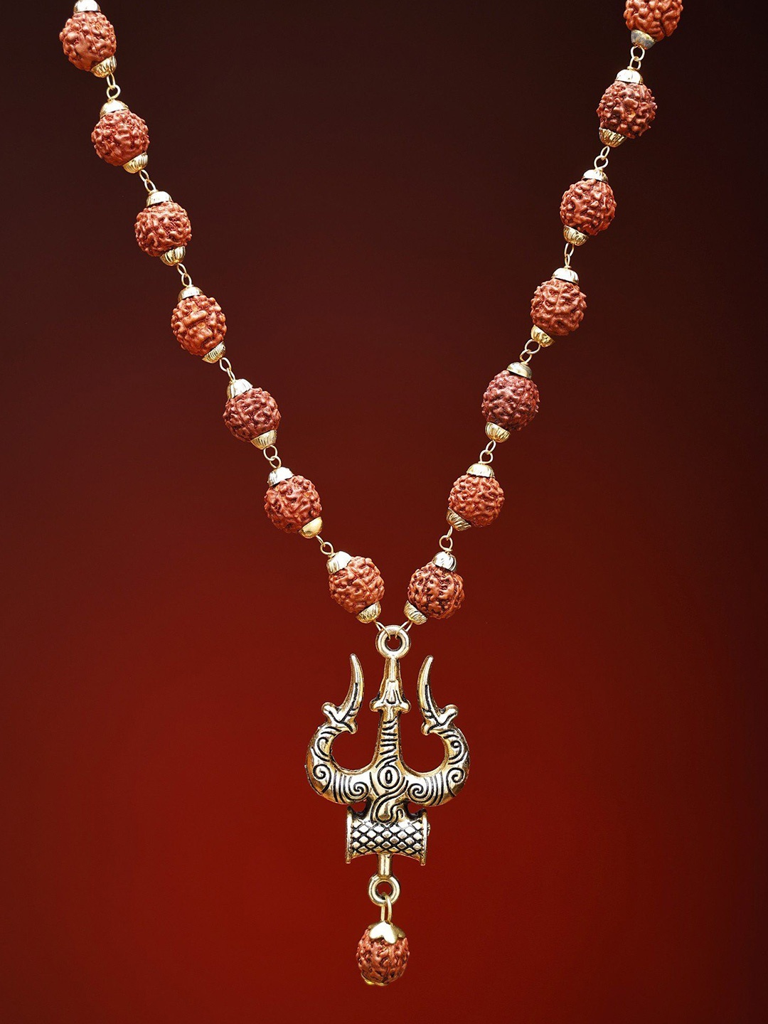 

Exotic India Trident Damru Genuine Rudraksha Mala Spiritual Jewelry, Gold