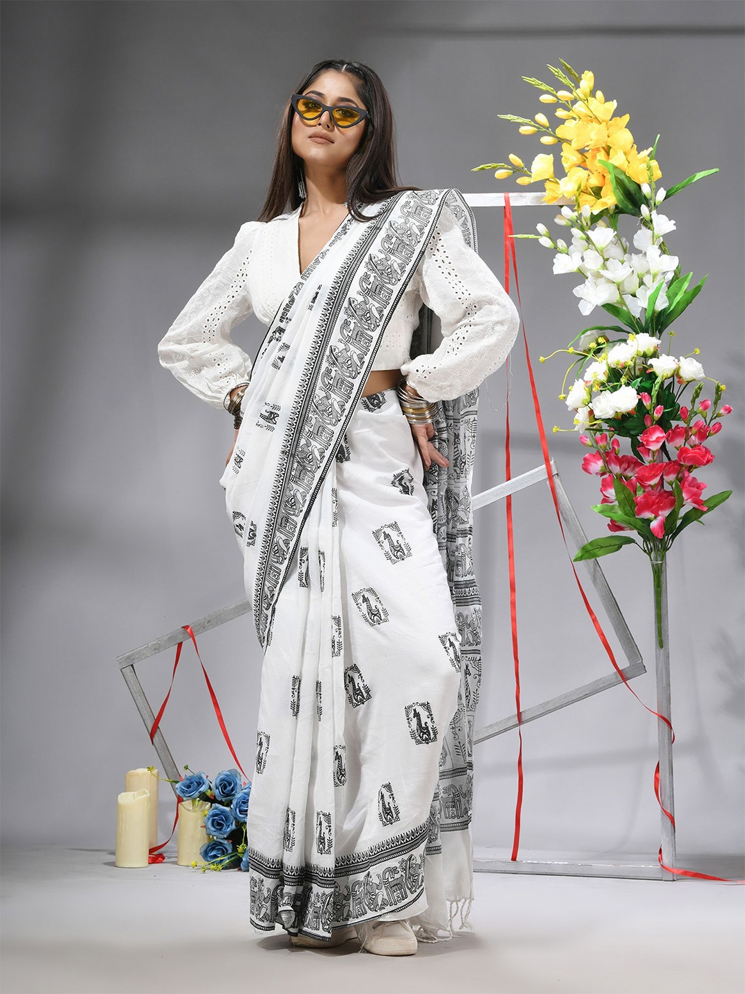 

TANTLOOM Ethnic Motifs Printed Pure Cotton Saree, White