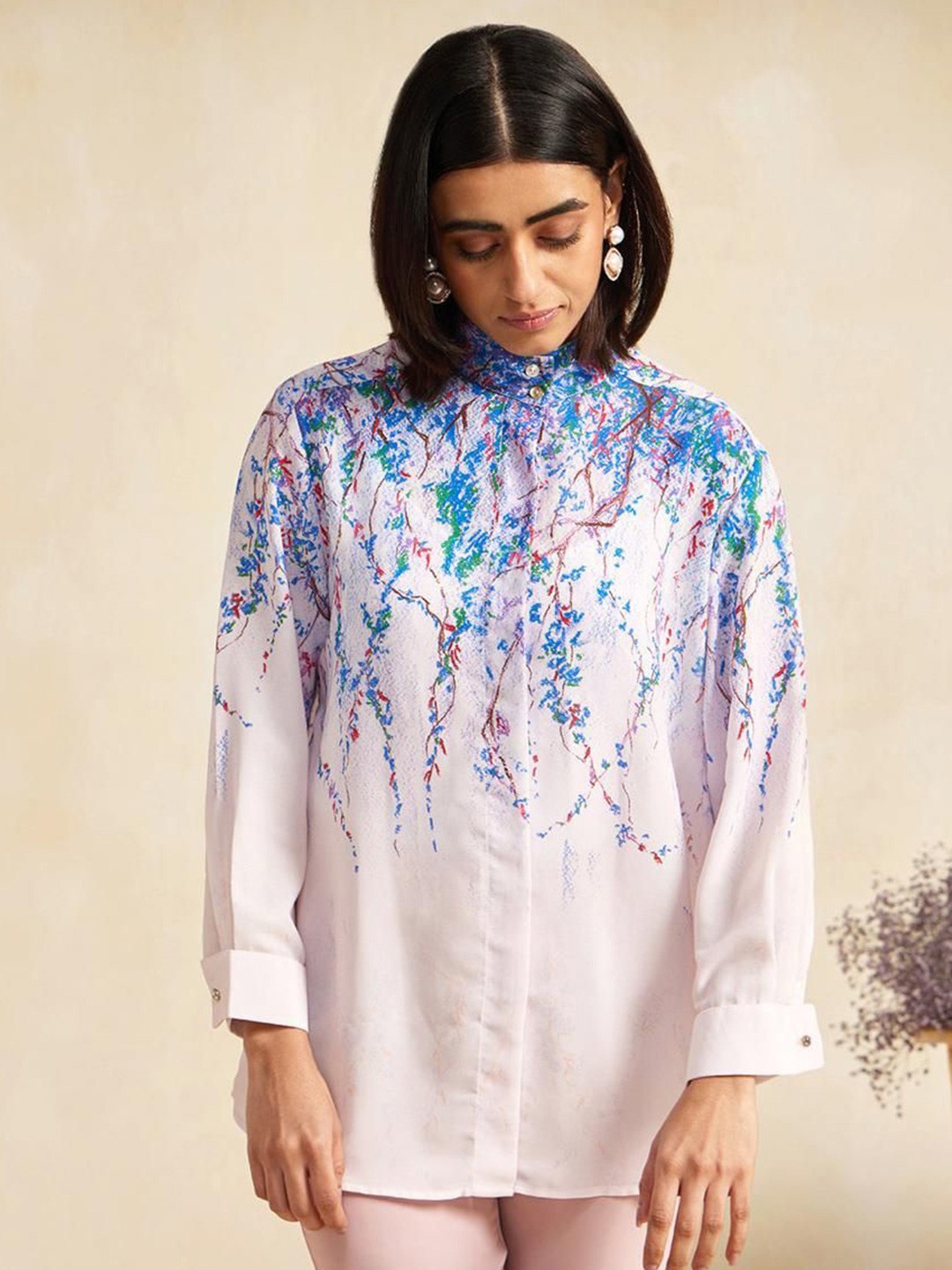 

DressBerry Women Printed Mandarin Collar Shirt Style Top, Blue