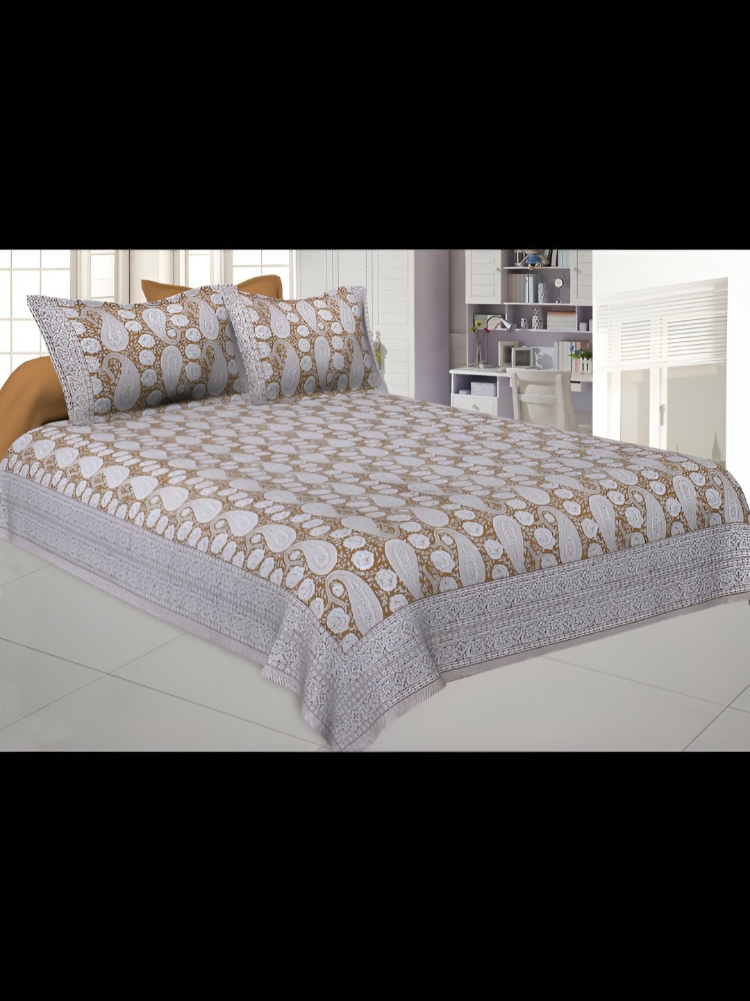 

BED-SHEET.COM Mustard & White Floral King Bedsheet with 2 Pillow Covers