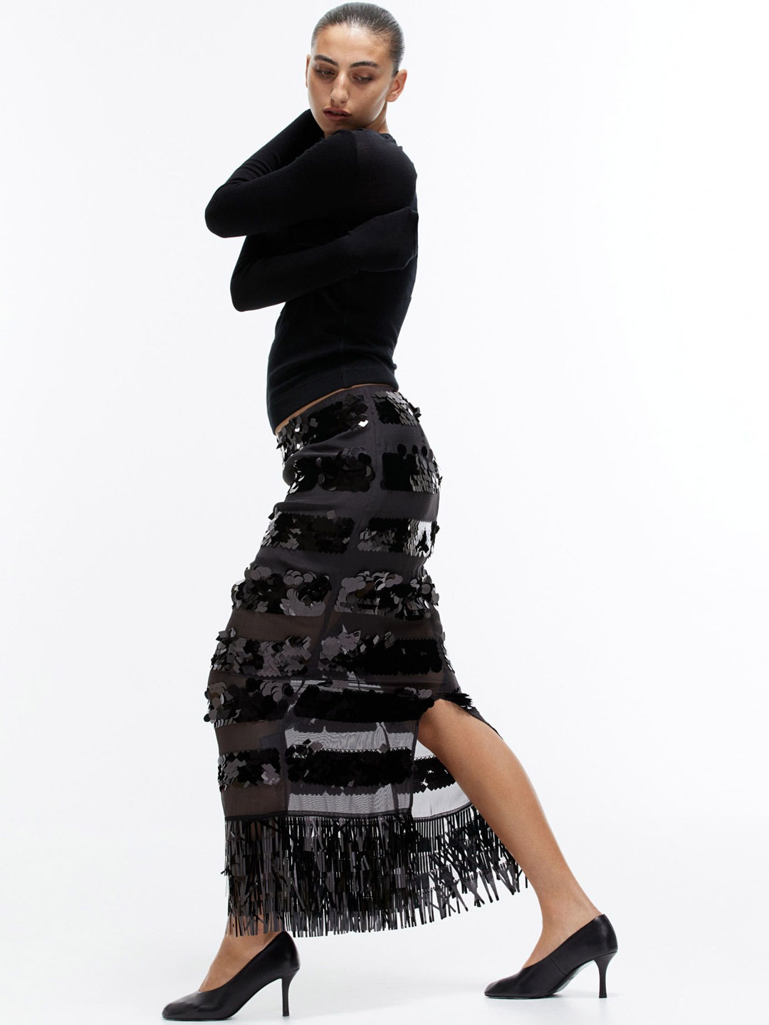 

H&M Long Sequined Skirt, Black