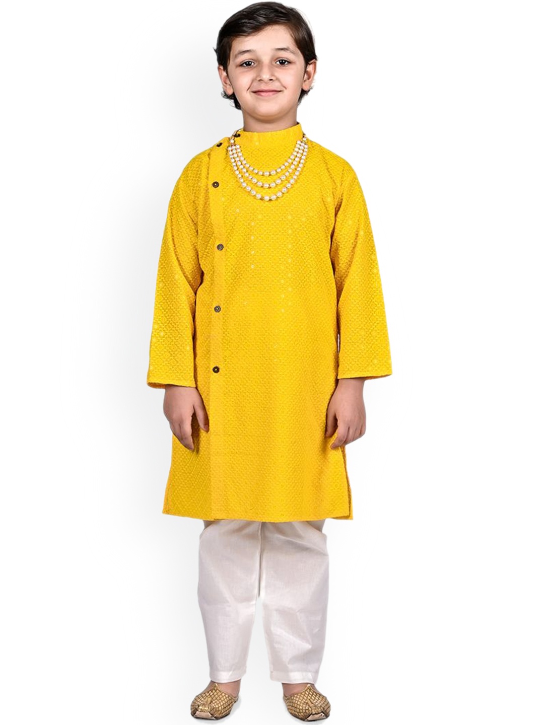 

itsmycostume Boys Ethnic Motifs Embroidered Sequinned Pure Cotton Straight Kurta & Trouser, Yellow
