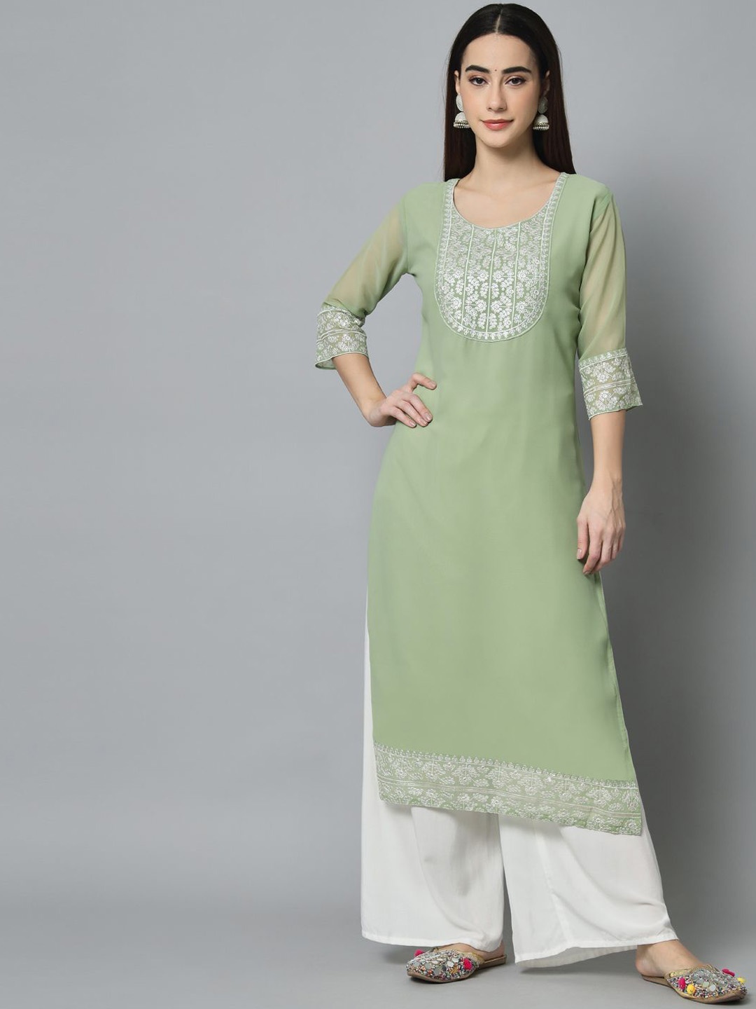 

HERE&NOW Women Embroidered Thread Work Georgette Kurta, Olive