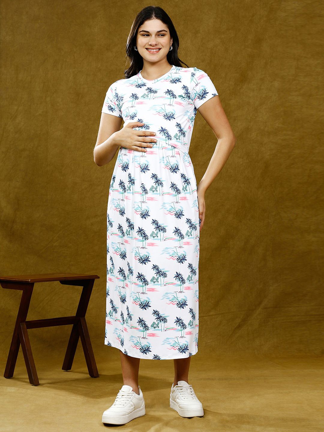 

True Shape Women Printed Maternity Midi A-Line Dress, Blue