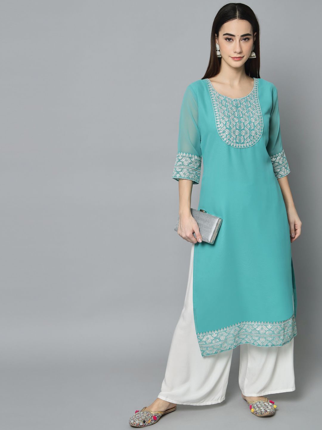 

HERE&NOW Women Embroidered Thread Work Georgette Kurta, Blue