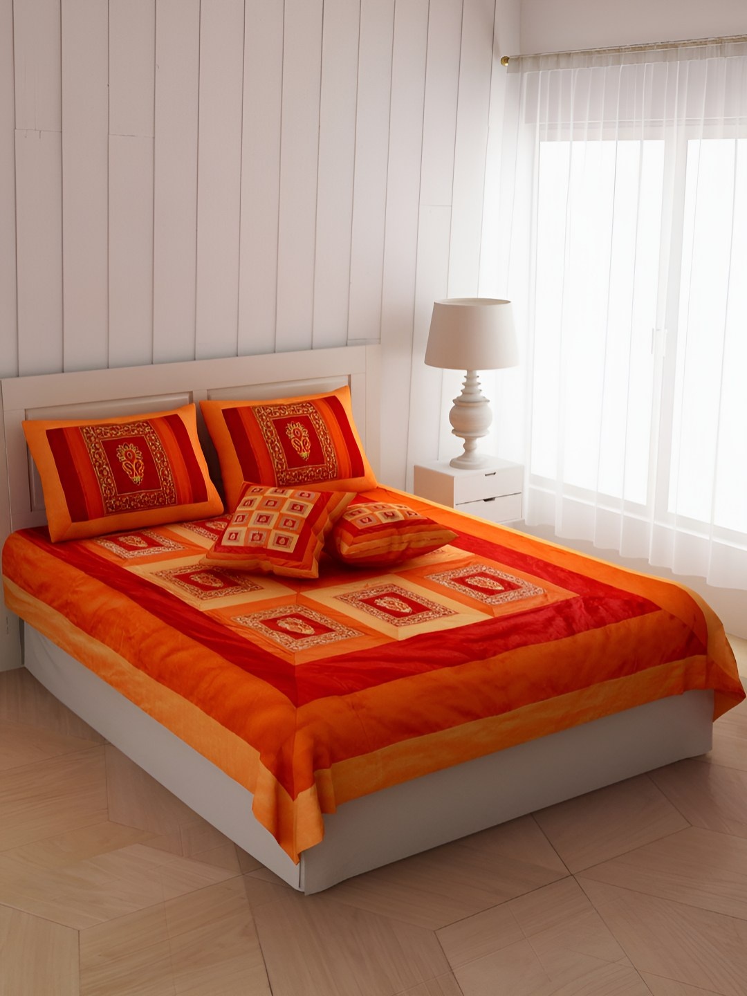 

BED-SHEET.COM Orange & Maroon Ethnic Motifs 180 TC King Bedsheet with 2 Pillow Covers