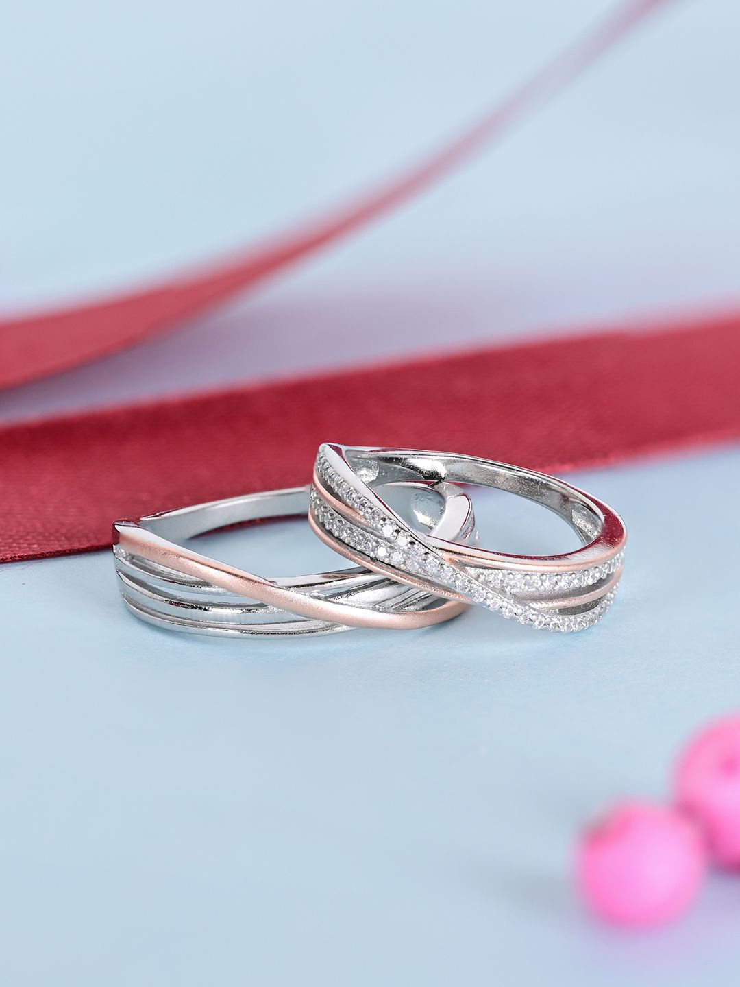 

TOUCH925 Unisex Set Of 2 Pure Silver Cubic Zirconia Stone-Studded Finger Ring