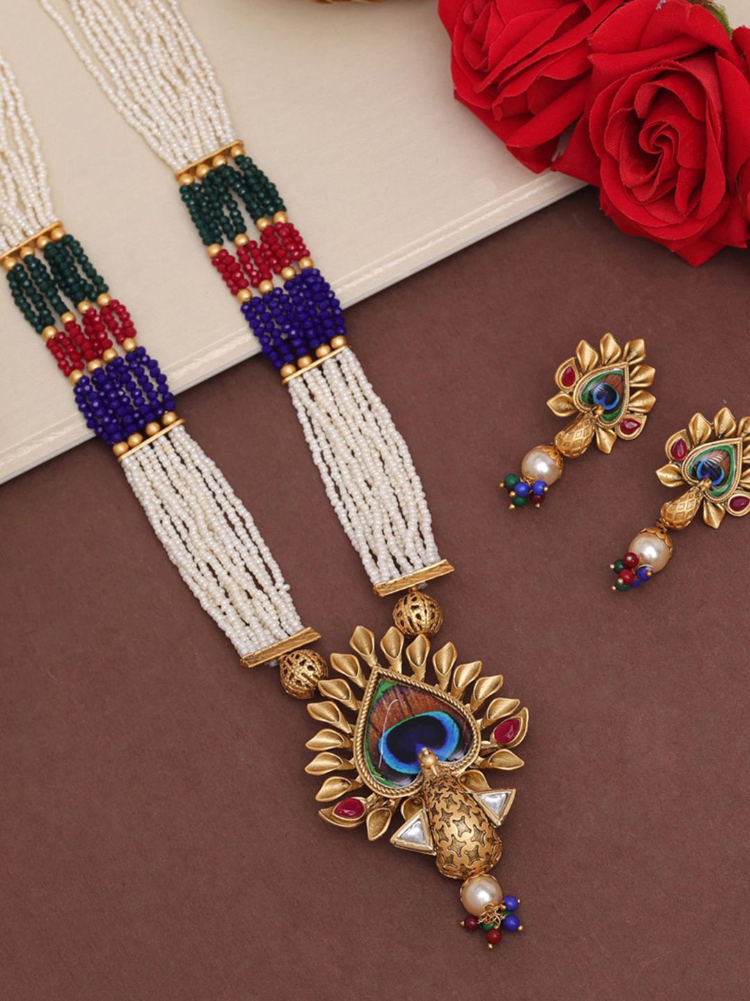 

RHOSYN Gold-Plated Stone Studded & Beaded Jewellery Set