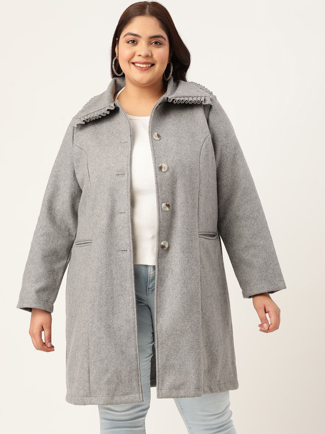 

theRebelinme Women Plus Size Spread Collar Overcoat, Grey