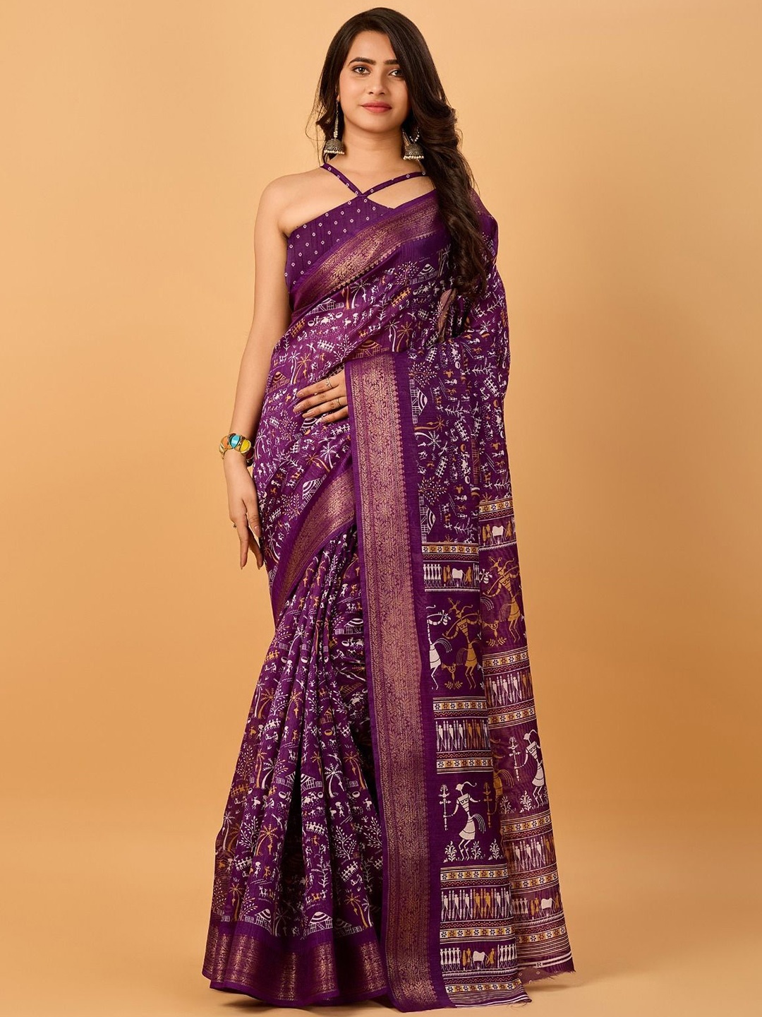 

SANJANA SILK Ethnic Motifs Zari Chanderi Saree, Violet