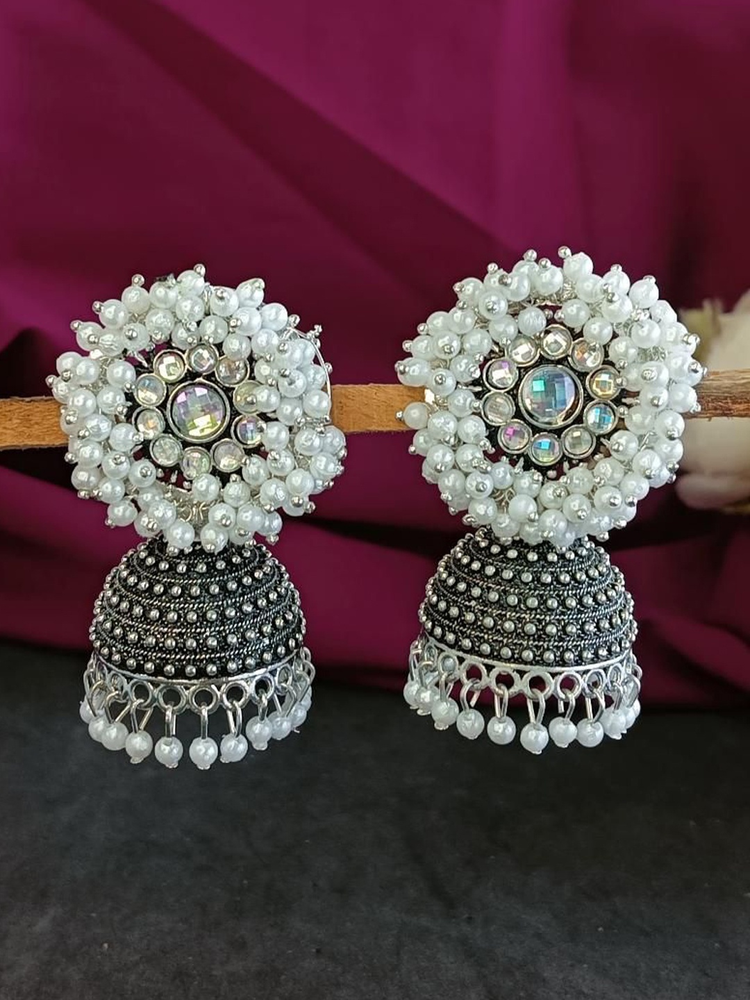 

Efulgenz Rhodium-Plated Oxidized Contemporary Jhumka Earrings, Silver