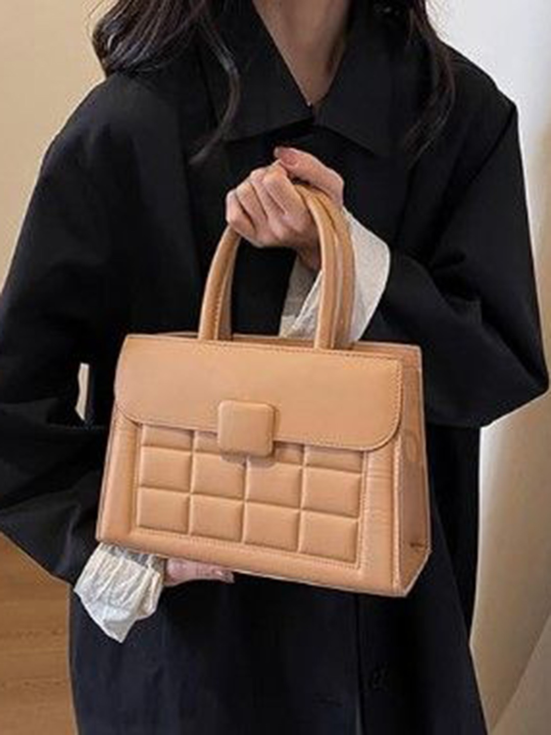 

StyleCast Checked Shopper Handheld Bag with Quilted, Beige