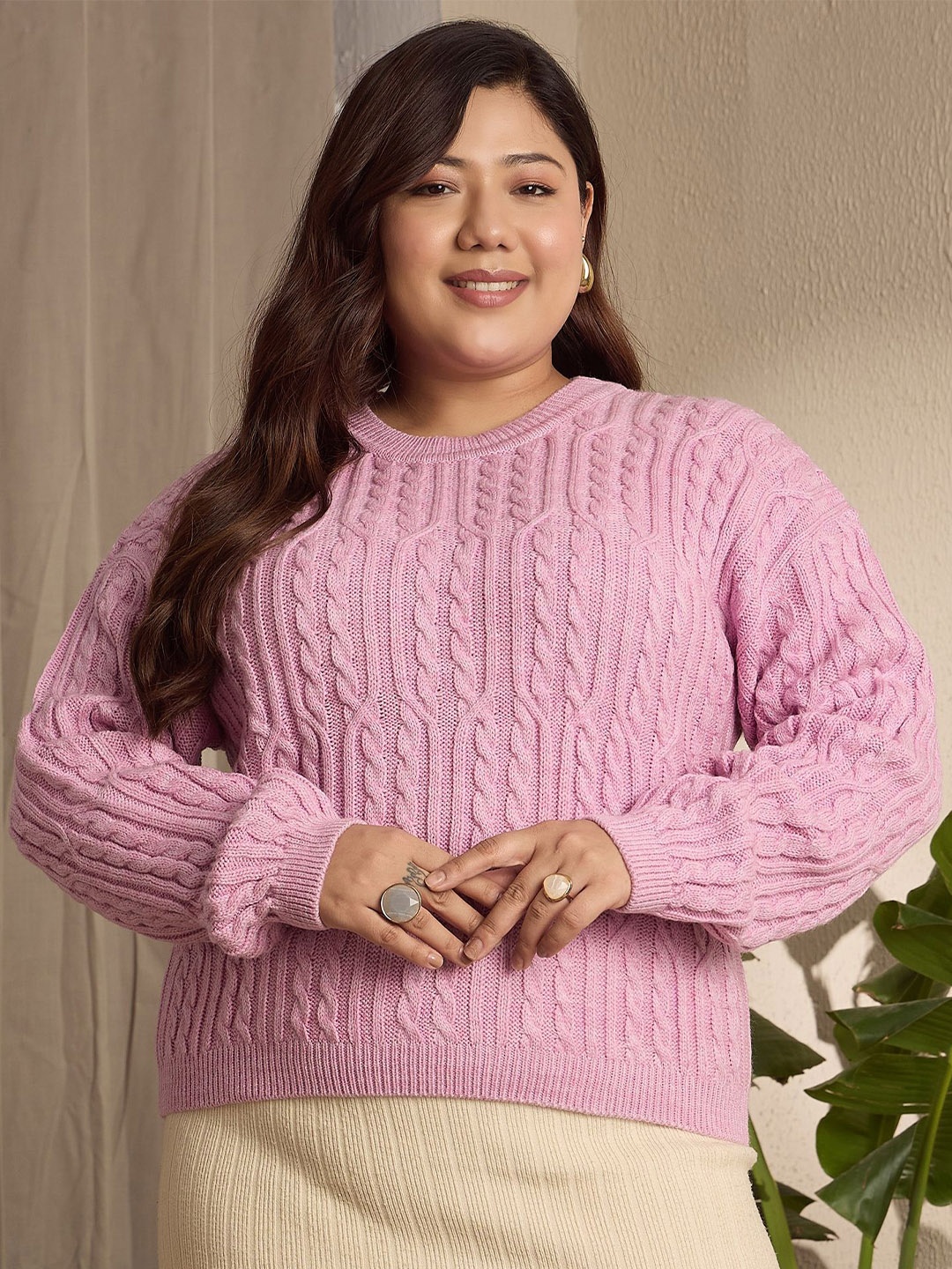 

Berrylush Curve Women Cable Knit Long Sleeves Pullover, Pink