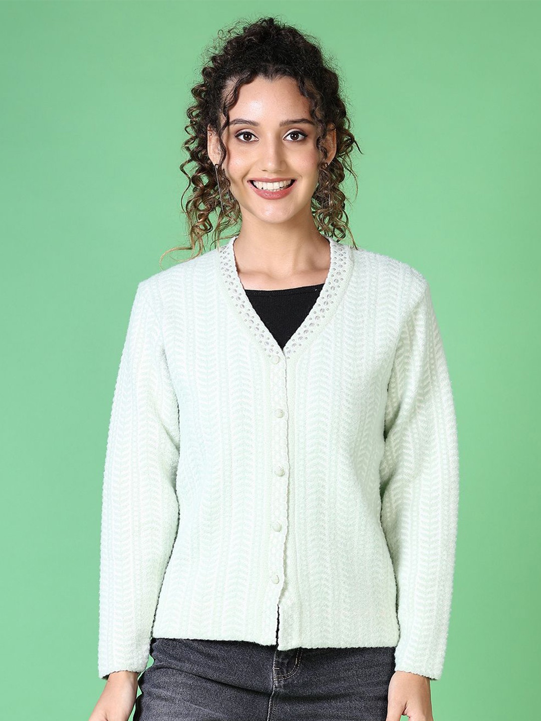 

V-Mart Women Self Design Cardigan, Green