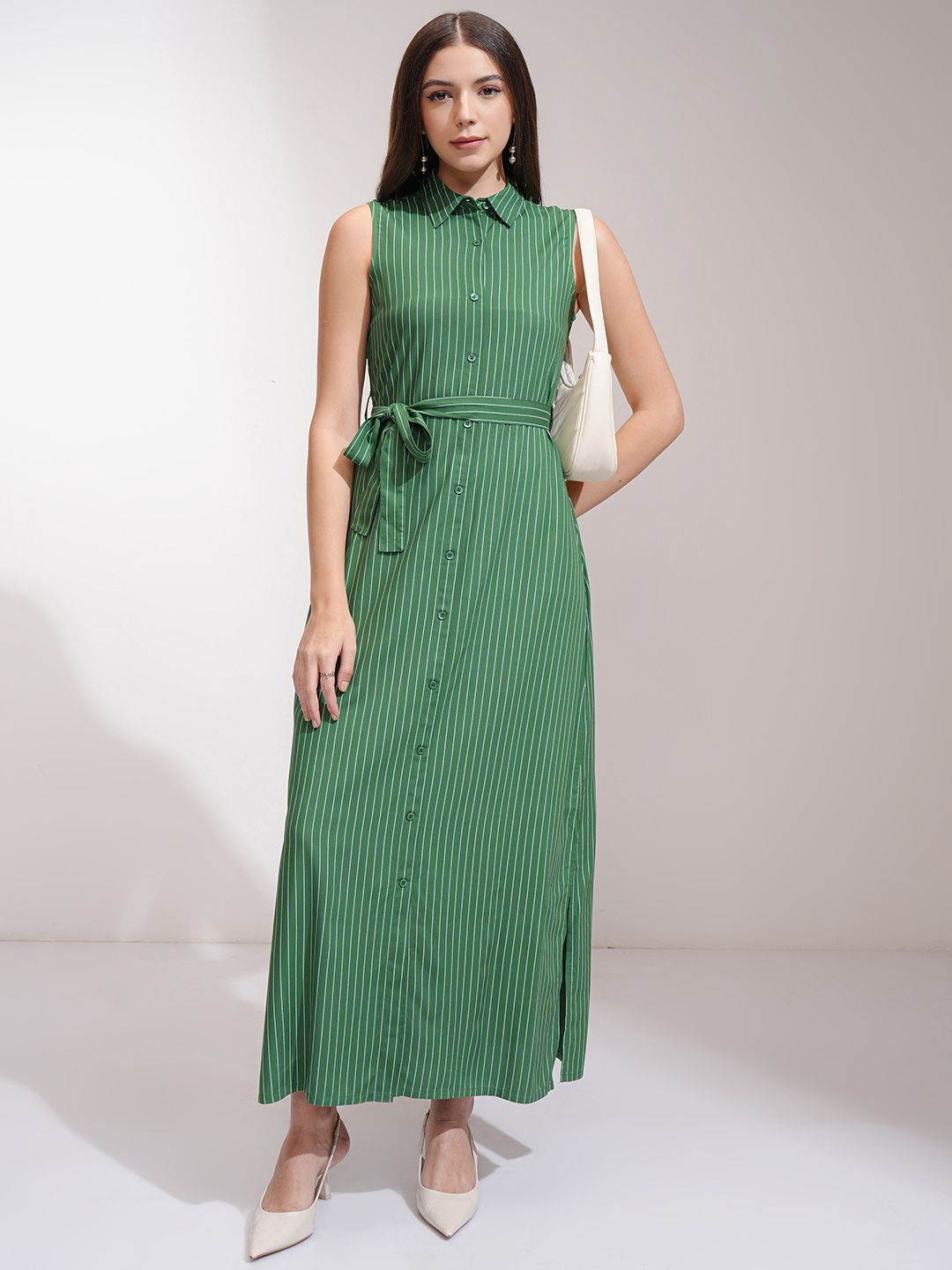 

ESPYR By Tokyo Talkies Women Striped Accordion Pleated A-Line Maxi Dress, Green