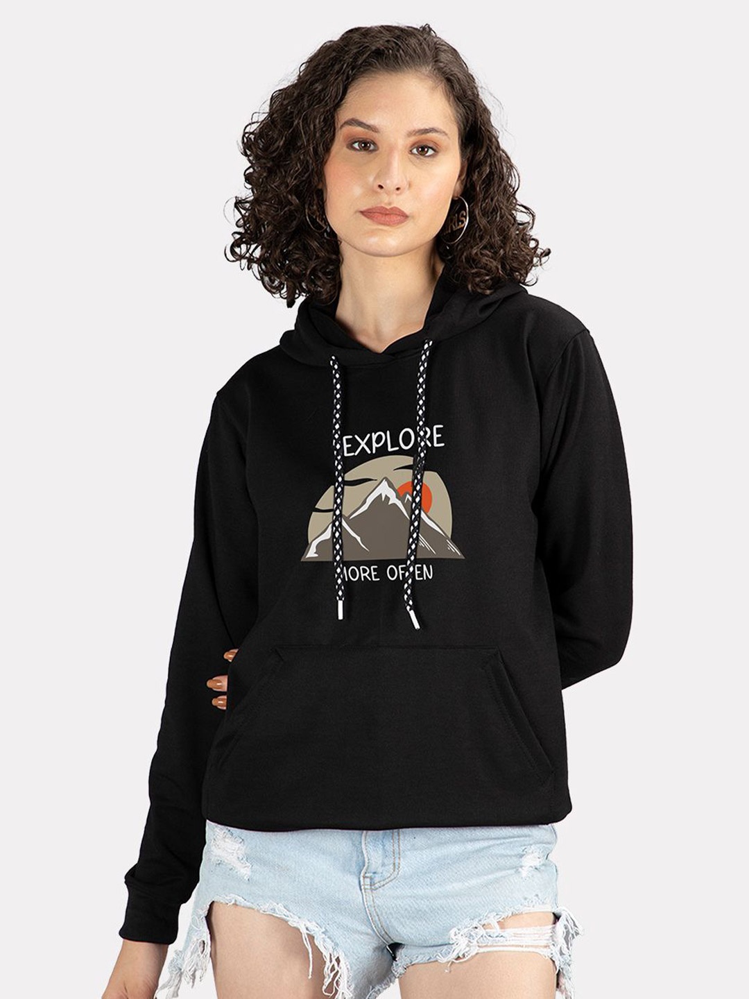 

Mad Over Print Women Cotton Printed Long Sleeves Hooded Sweatshirt, Black