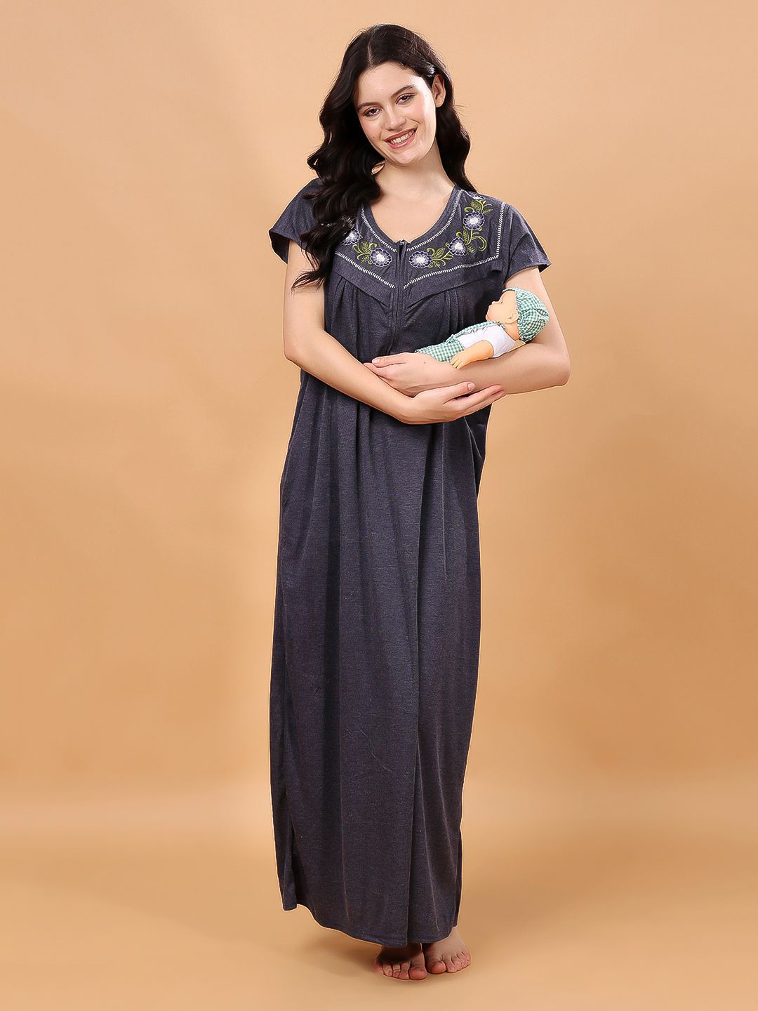 

CHUI MUI Women Short Sleeves Feeding Nightdress, Blue