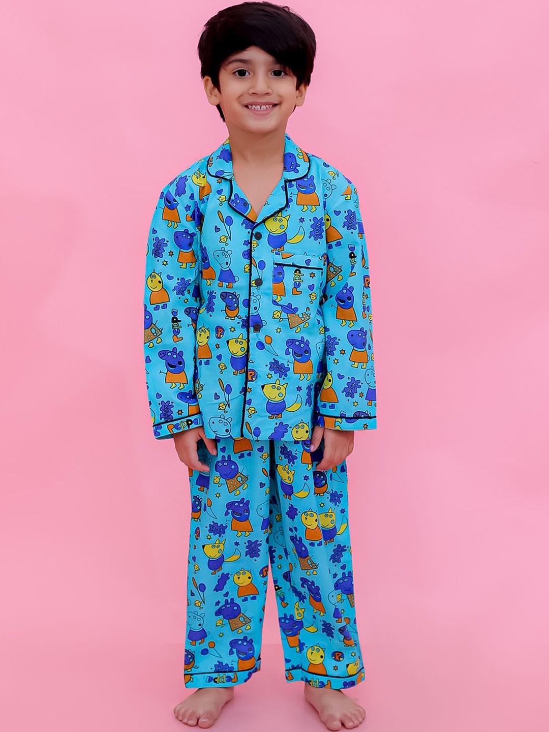 

UNBIND Boys Conversational Printed Lapel Collar Pure Cotton Shirt & Trousers, Blue