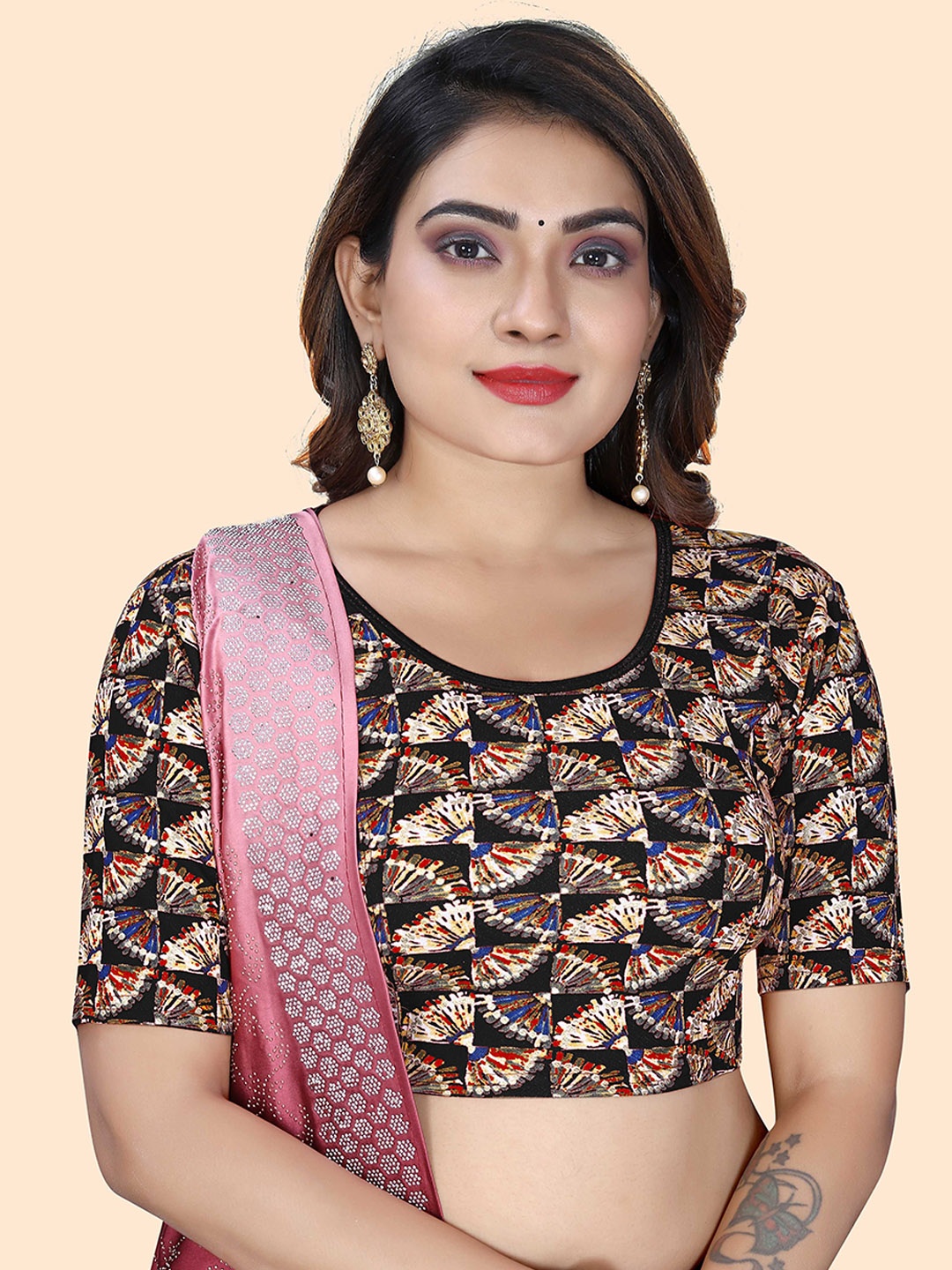 

SHREEJI DESIGNER Printed Stretchable Ready Made Saree Blouse, Black