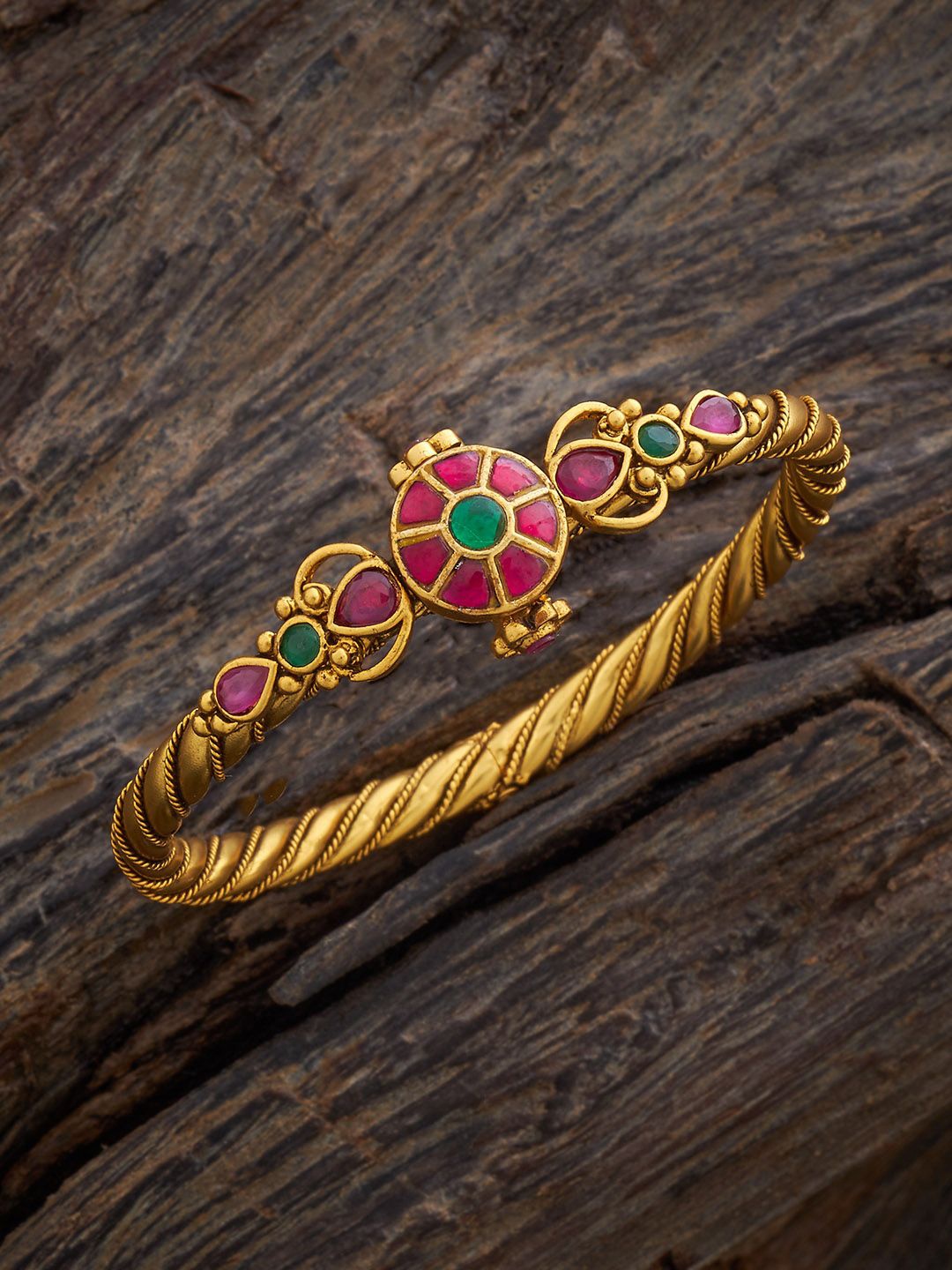 

Kushal's Fashion Jewellery Gold-Plated Stone-Studded Antique Kada Bracelet