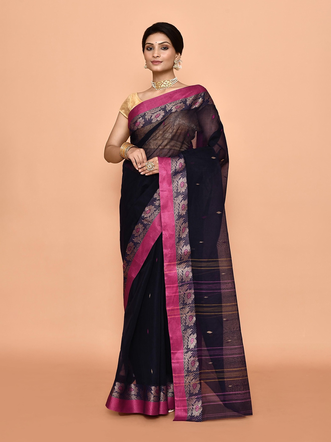 

PUKU Woven Design Zari Pure Cotton Taant Saree, Navy blue