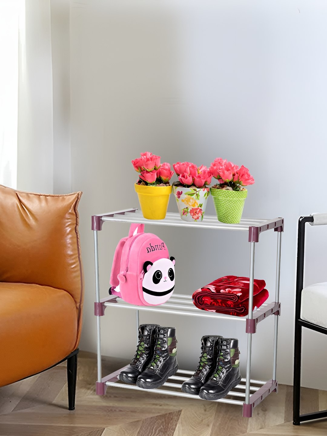 

Decent Hut Maroon & Silver Toned Stainless Steel Foldable 3 Shelves Shoe Rack