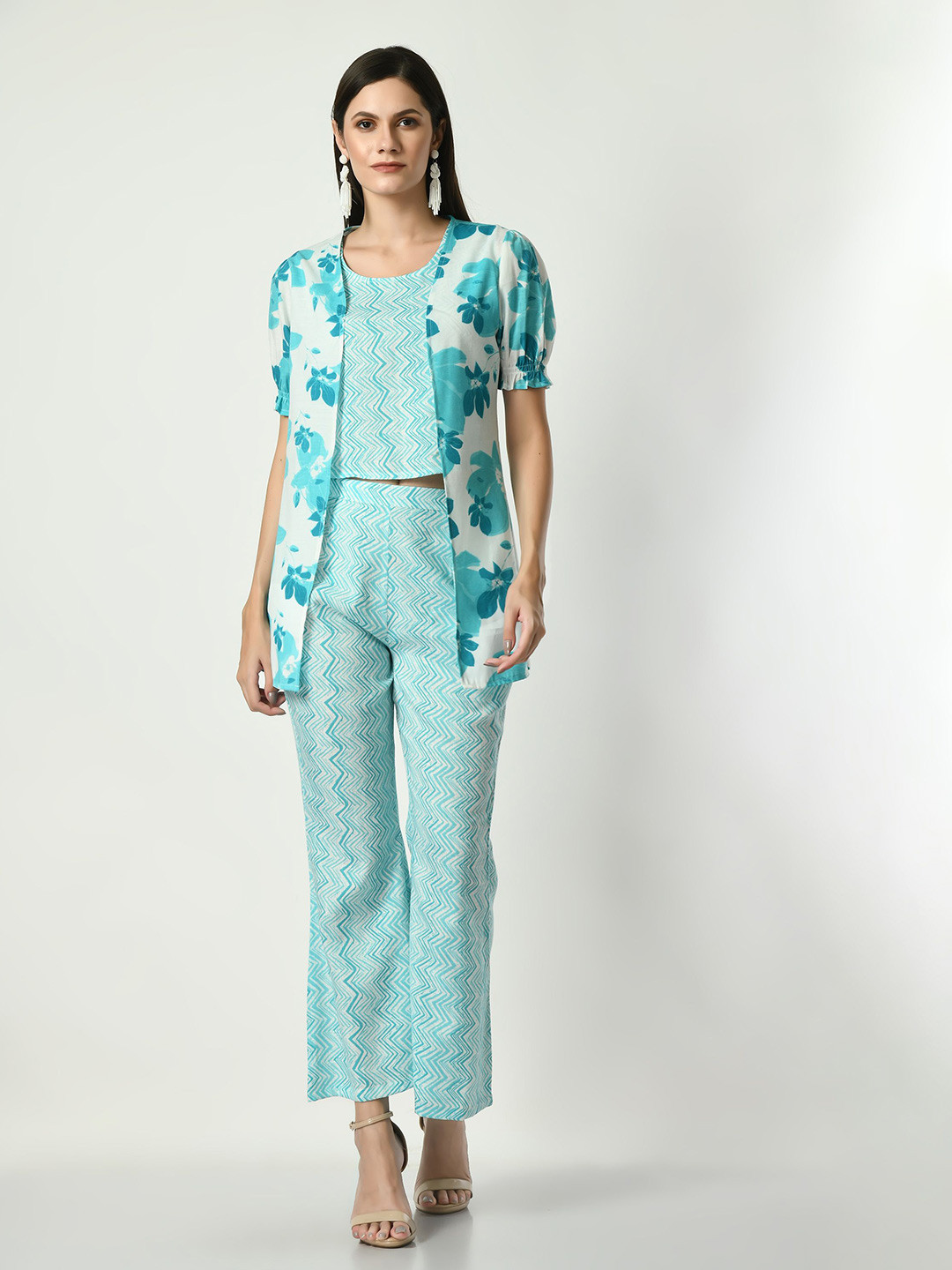 

VAPPSYAM Printed Pure Cotton Top, Waistcoat With Trouser Co-Ords, Blue