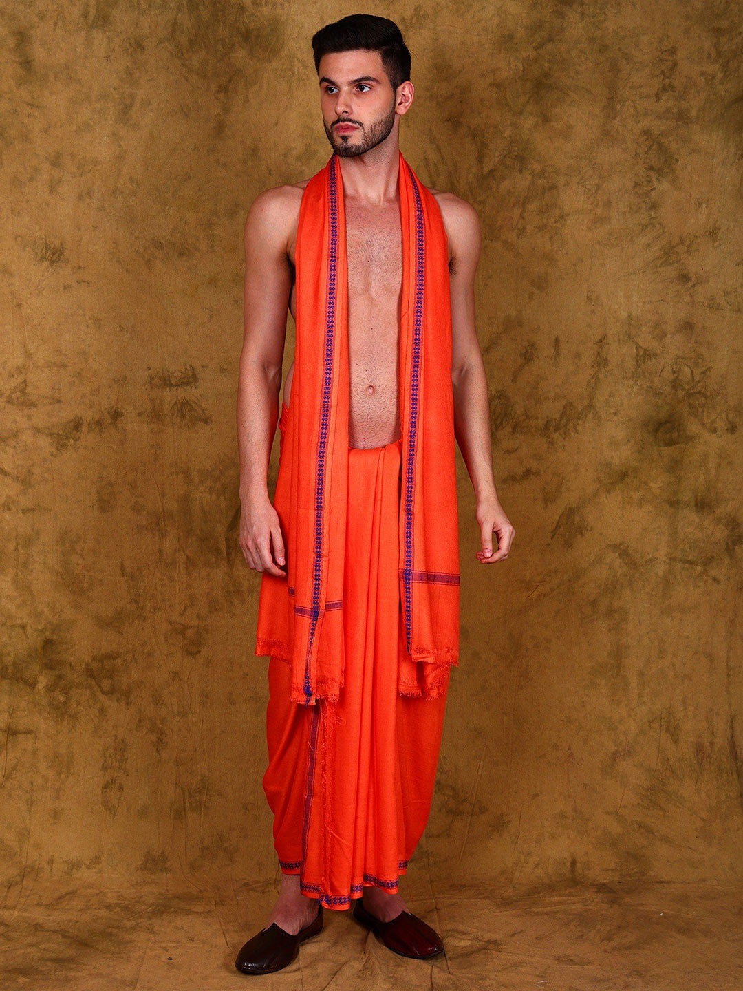 

Exotic India Jute Fiber Varanasi Dhoti and Angavastram Set With Thread Woven Border, Orange