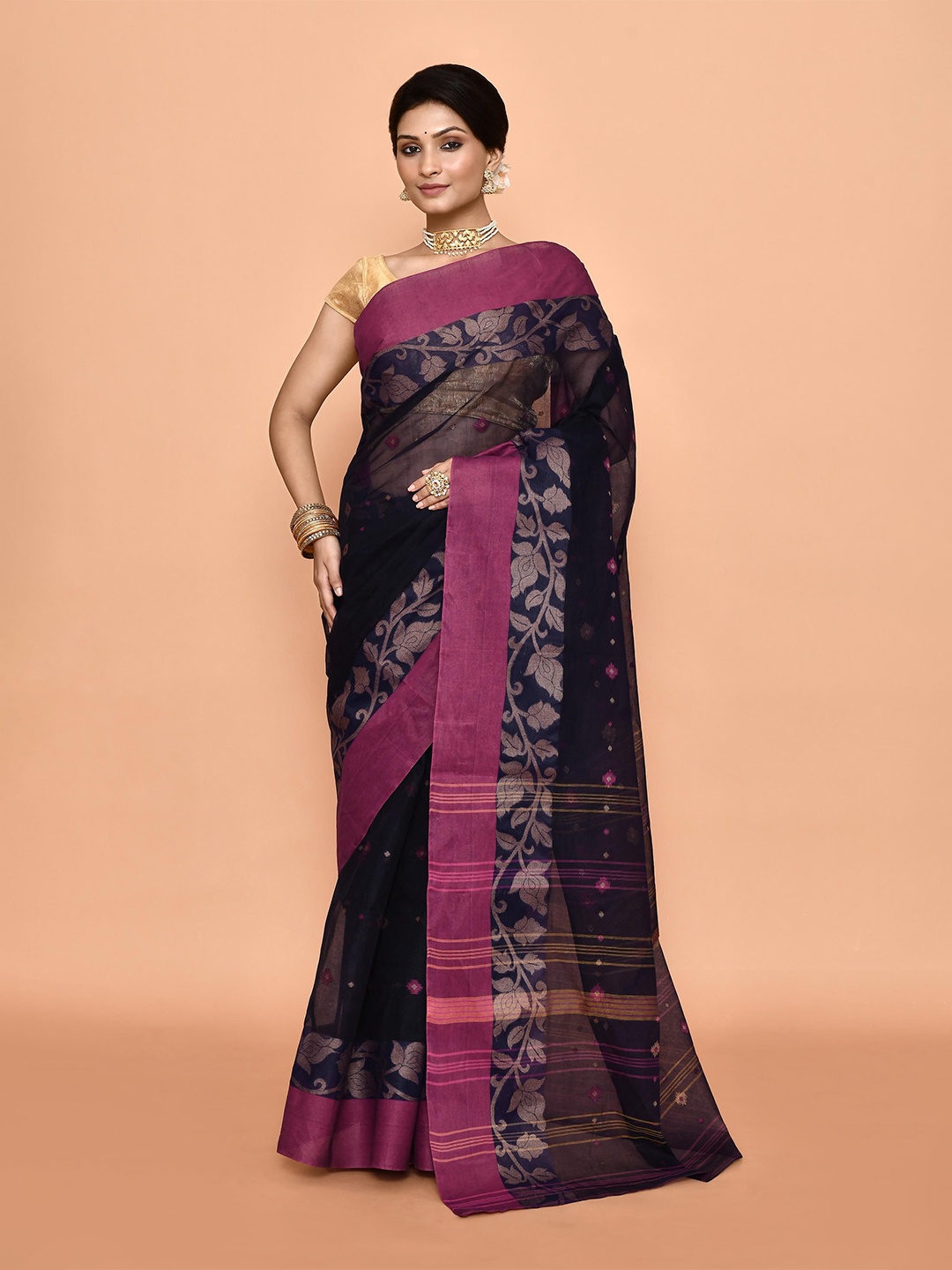 

PUKU Woven Design Patchwork Pure Cotton Taant Saree, Navy blue