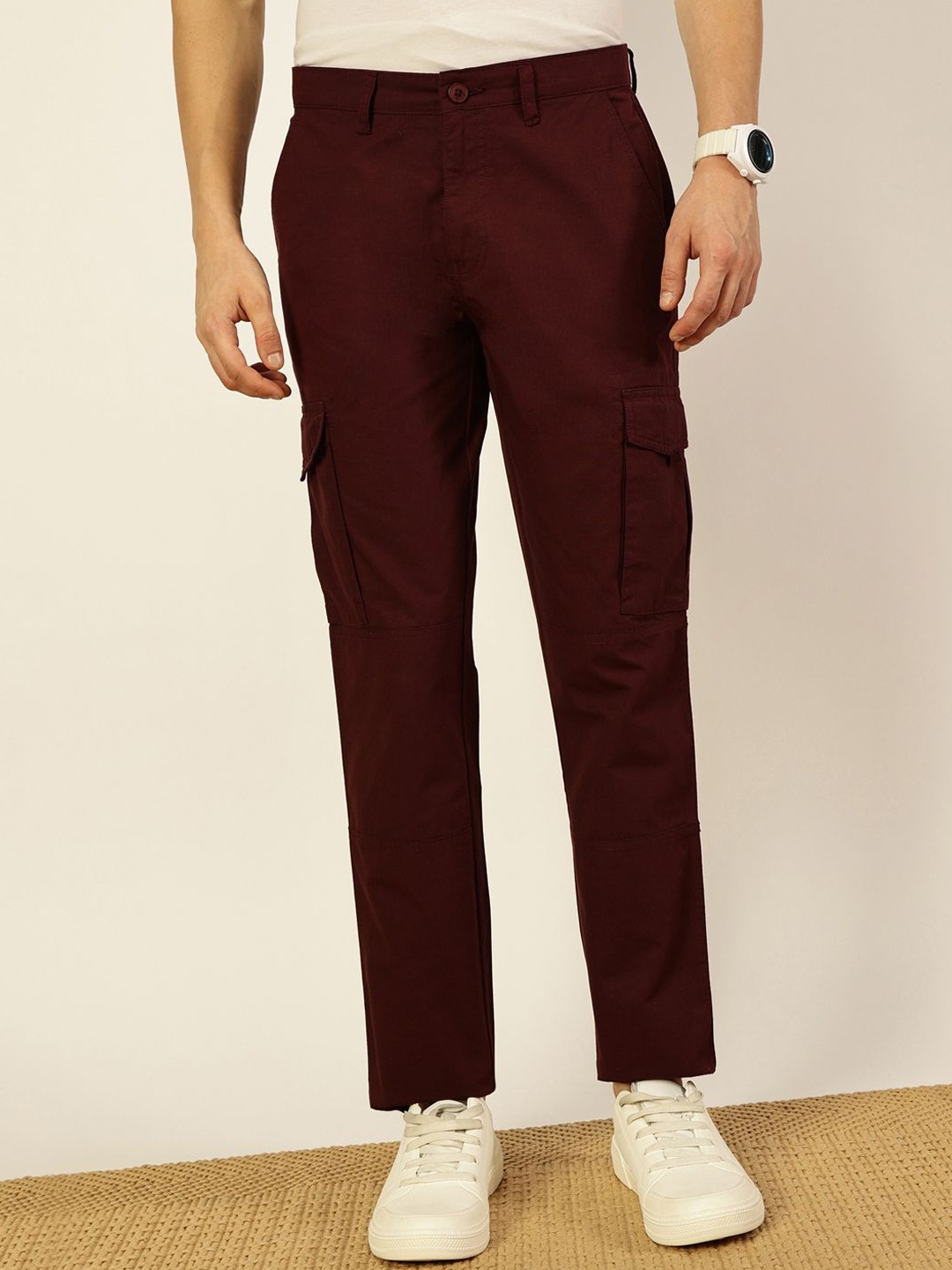 

Thomas Scott Men Smart Fit Mid-Rise Cargos Trousers, Maroon