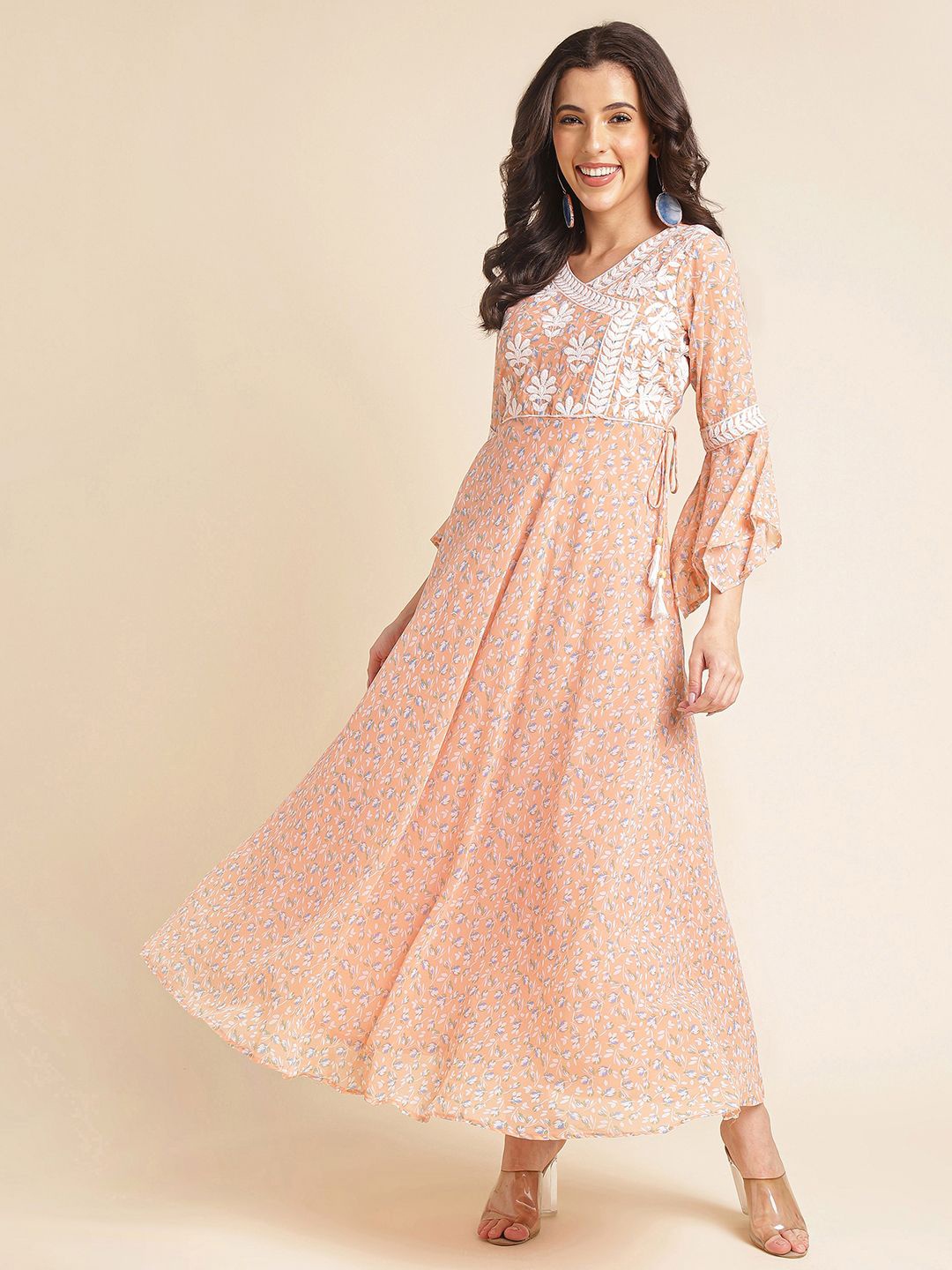 

DressBerry Embroidered Georgette Fit & Flare Maxi Ethnic Dresses, Peach