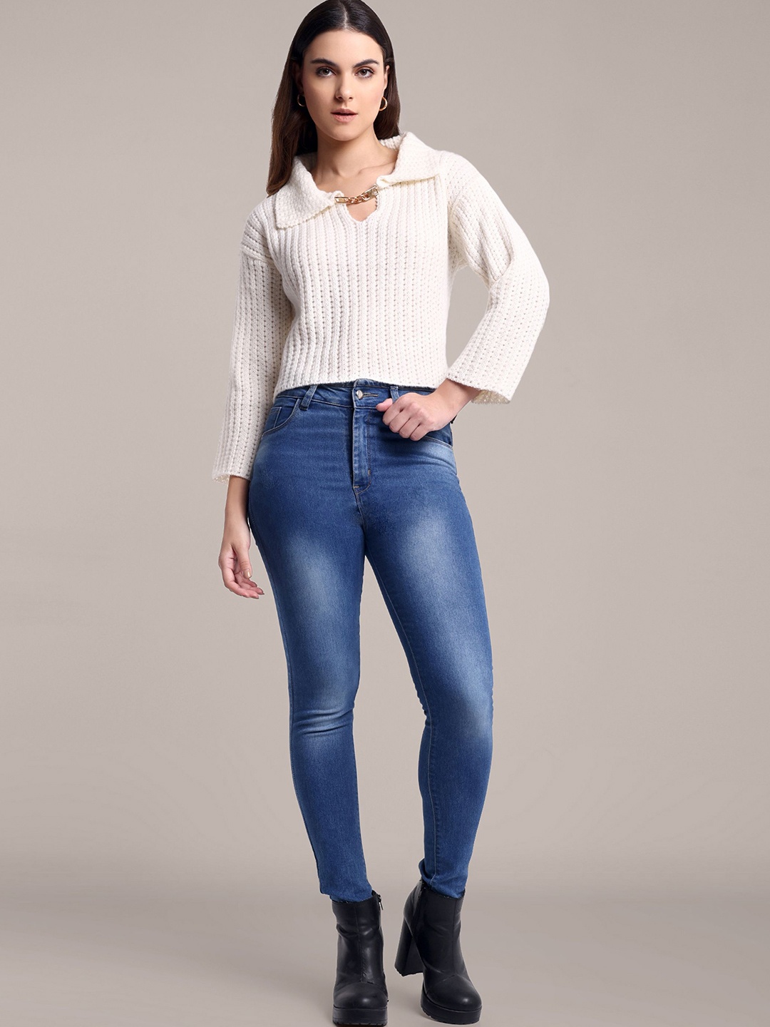 

iki chic Women Woollen Open Knit Crop Pullover with Embellished Detail, Off white