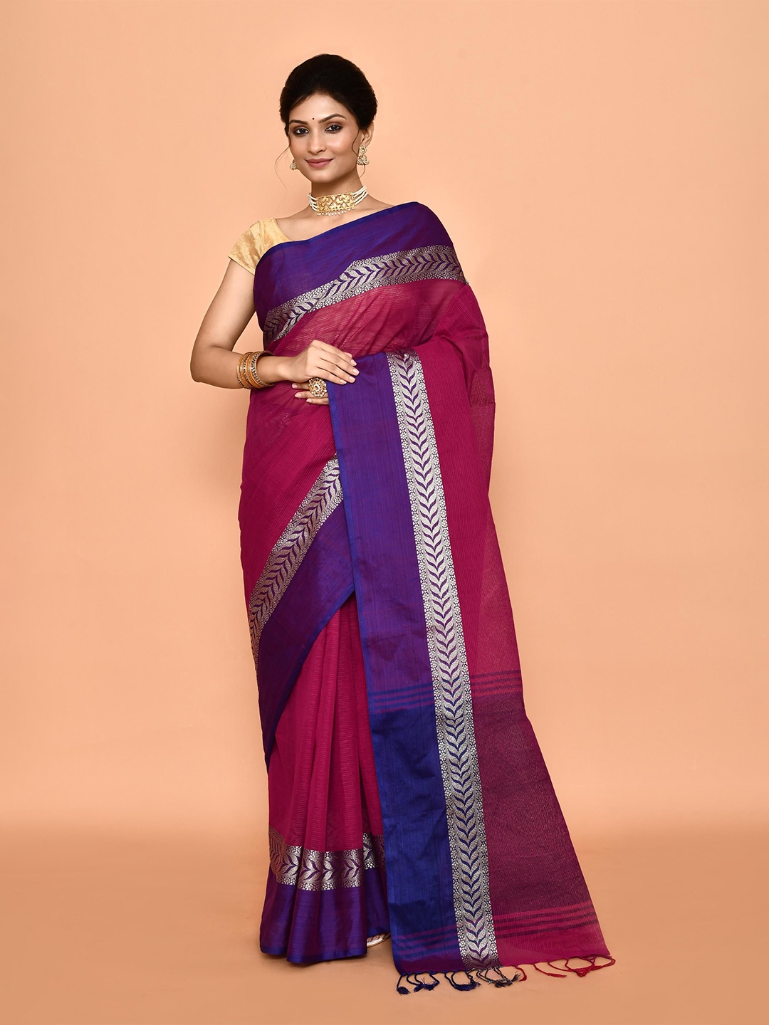 

PUKU Ethnic Motifs Pure Cotton Taant Saree, Pink
