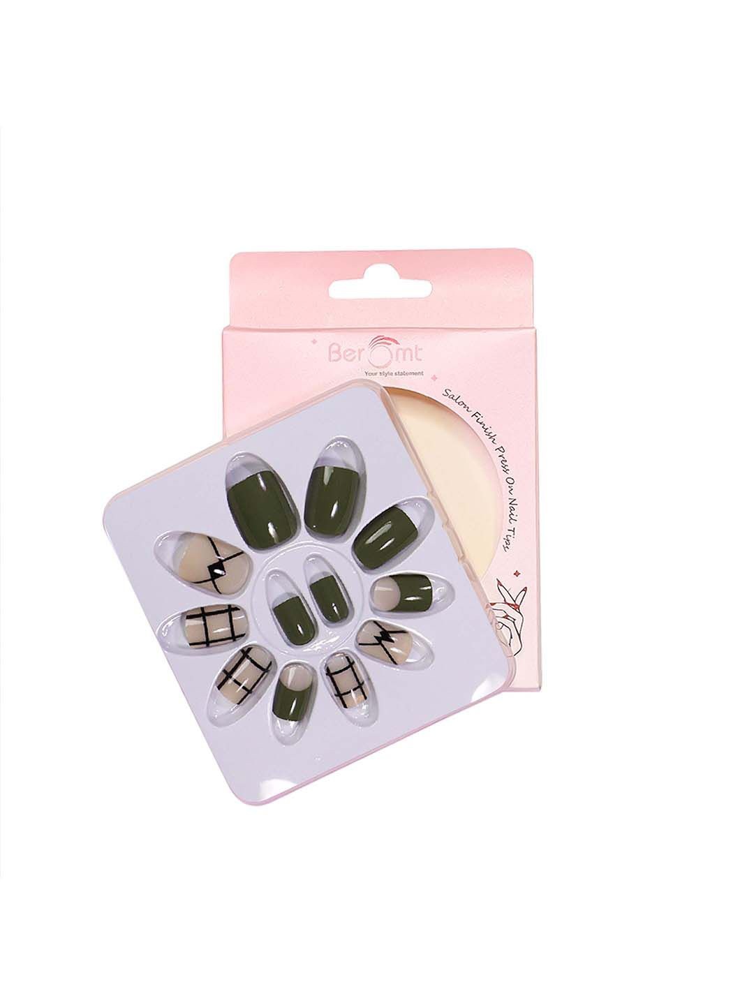 

BEROMT Set Of 12 Salon Finish Press On Nail Tip With Application Kit - BFN551CN, Green