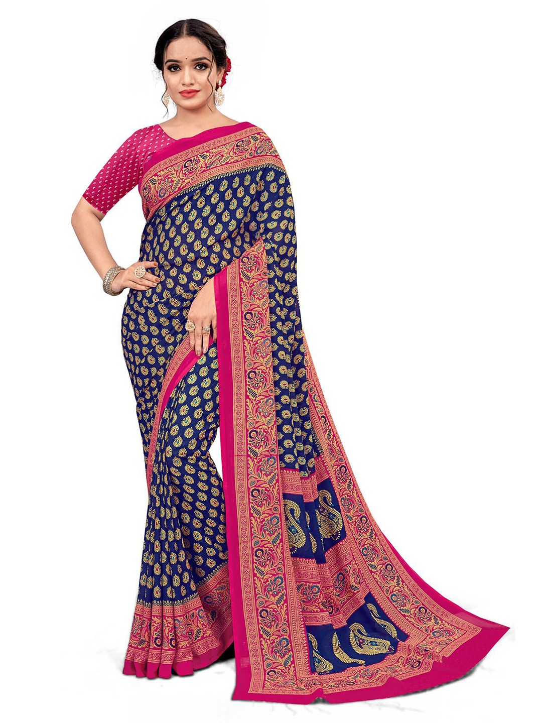 

Navvi Ethnic Motifs Printed Saree, Blue