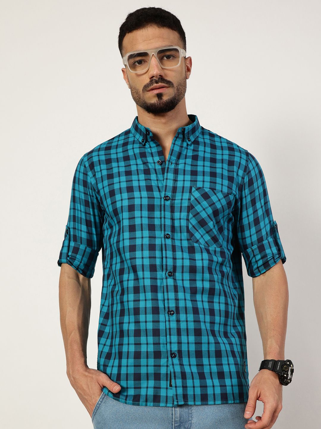 

Thomas Scott Men Premium Slim Fit Opaque Checked Casual Shirt, Blue