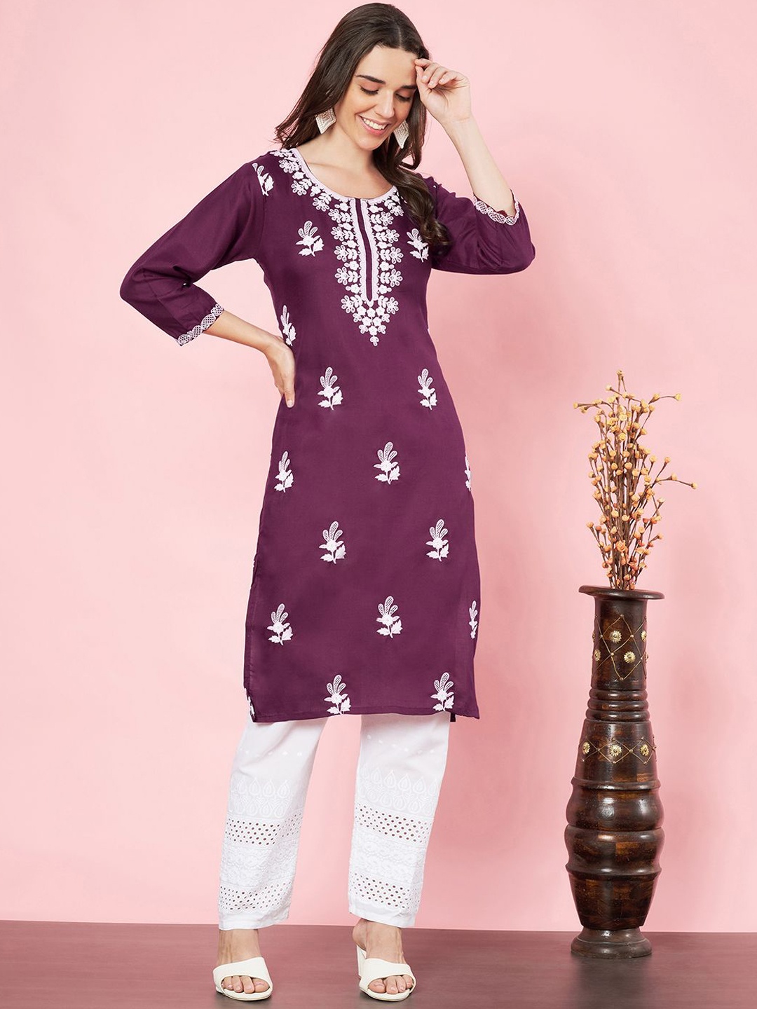 

HERE&NOW Floral Embroidered Thread Work Cotton Straight Kurta, Magenta