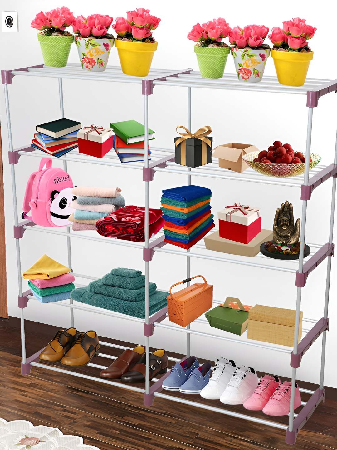 

Decent Hut Maroon & Silver Toned Metal Foldable 10 Shelves Shoe Rack