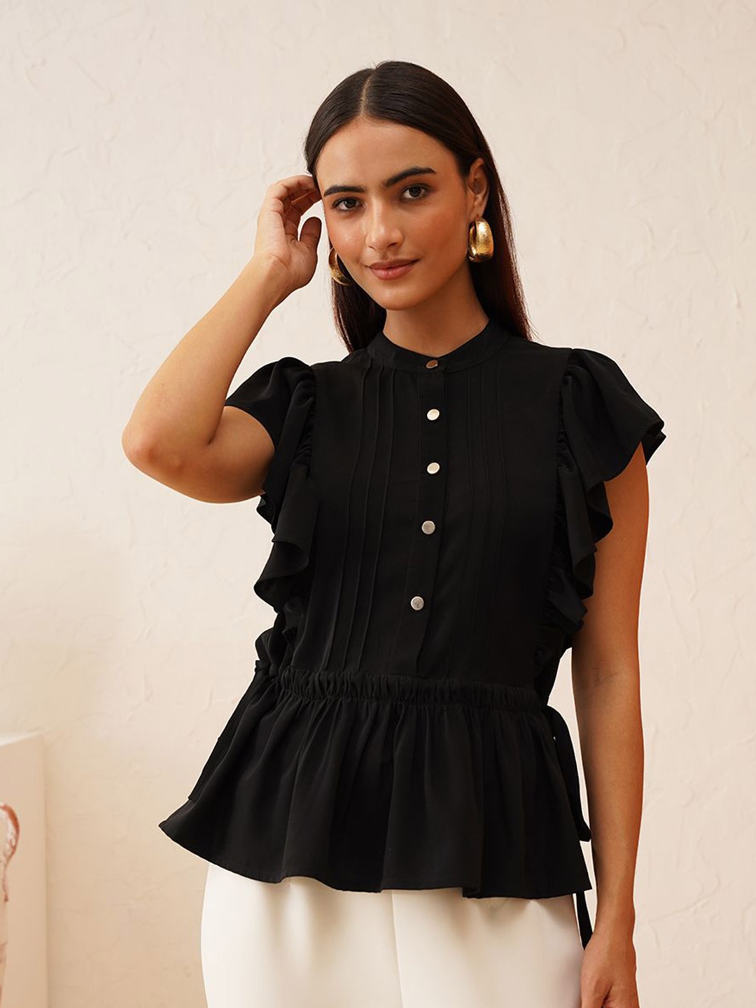 

Beatnik Women Mandarin Collar Peplum Top, Black