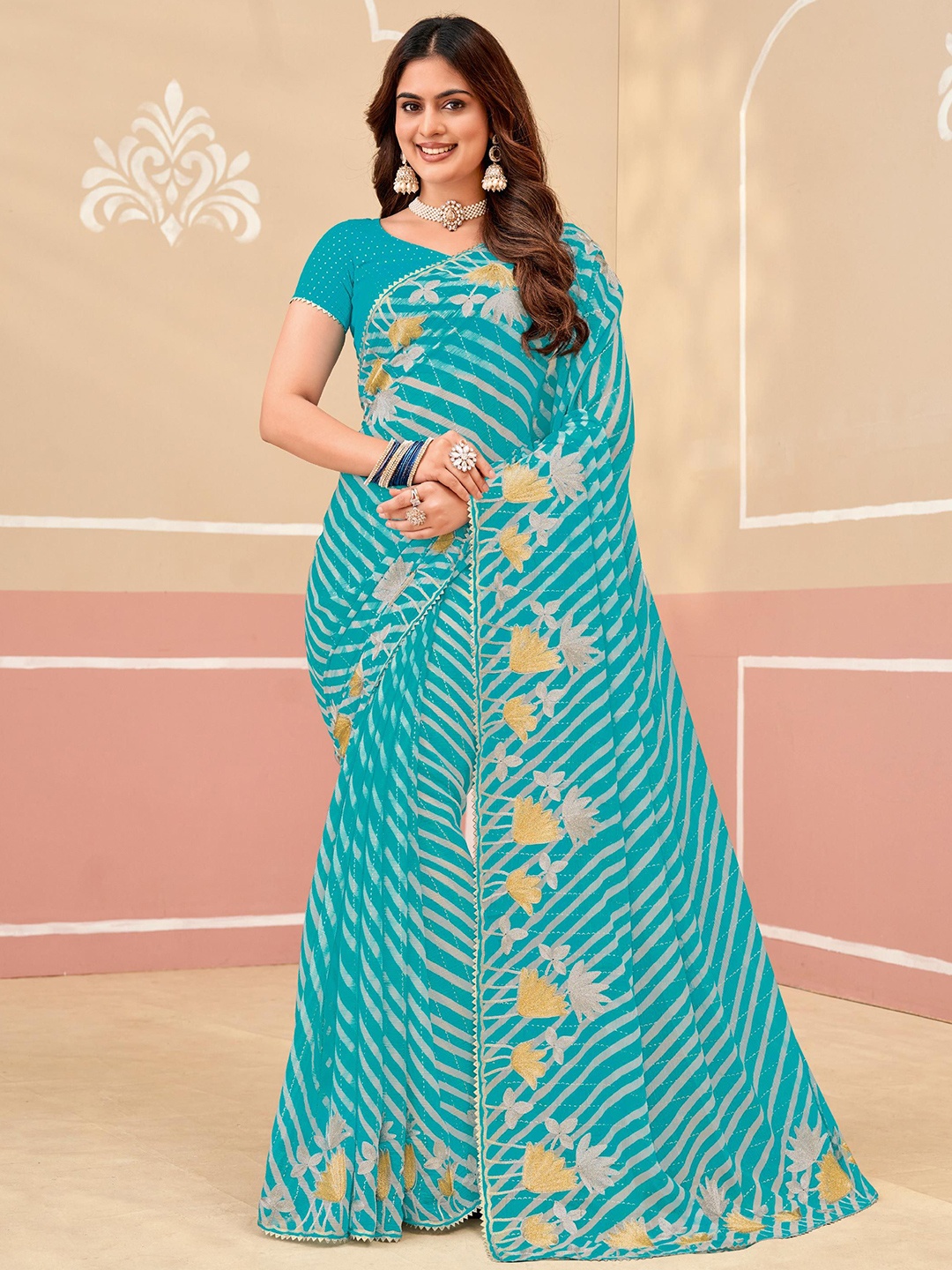 

Laxmipati Floral Poly Chiffon Designer Saree, Blue