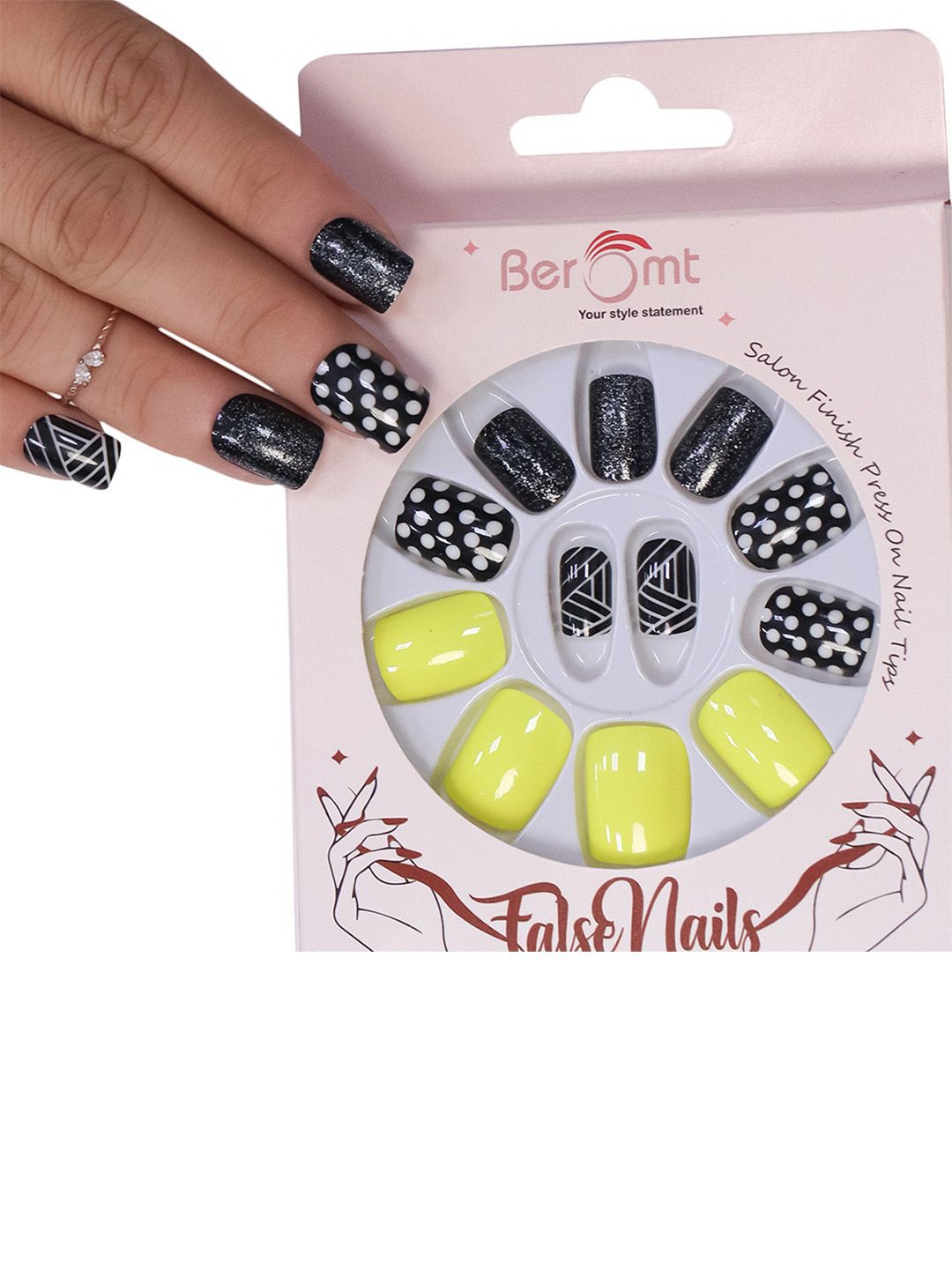 

BEROMT Set Of 12 Salon Finish Press On Nail Tip With Application Kit - BFN548CN, Black