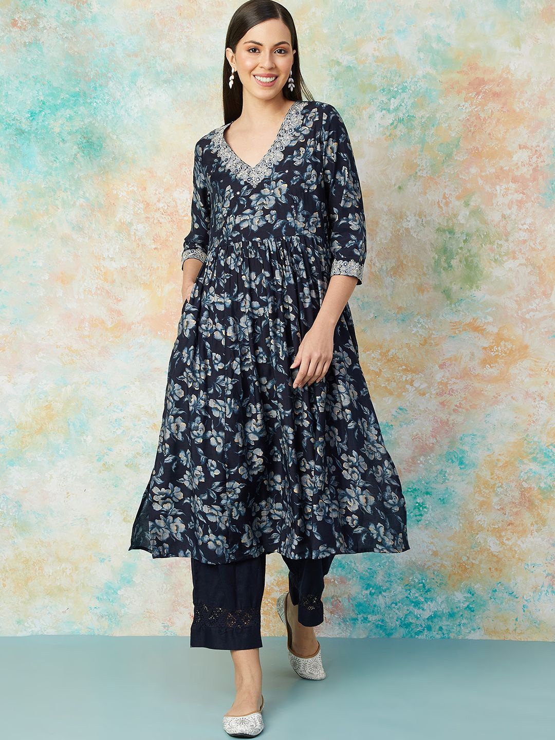 

Melange by Lifestyle V-Neck Floral Printed Pleated Anarkali Kurta, Navy blue