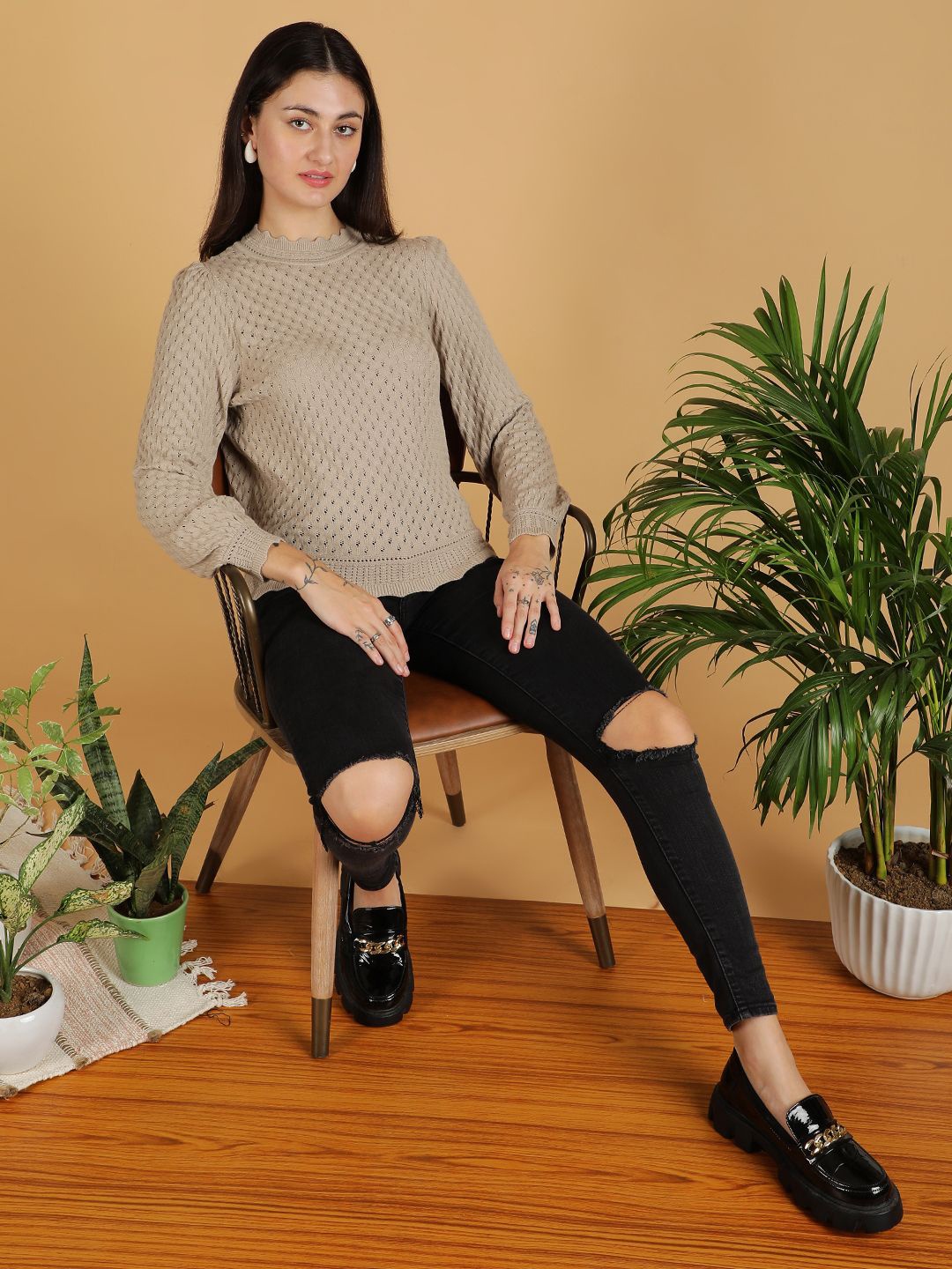 

Kotty Women Round Neck Long Sleeves Pullover, Cream