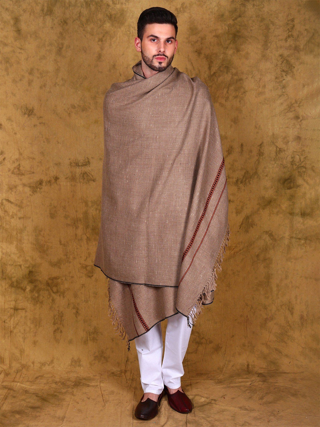 

Exotic India Kullu Palla Men's Handspun Wool Dushala Shawl (Lohi) with Kinnauri Border, Brown