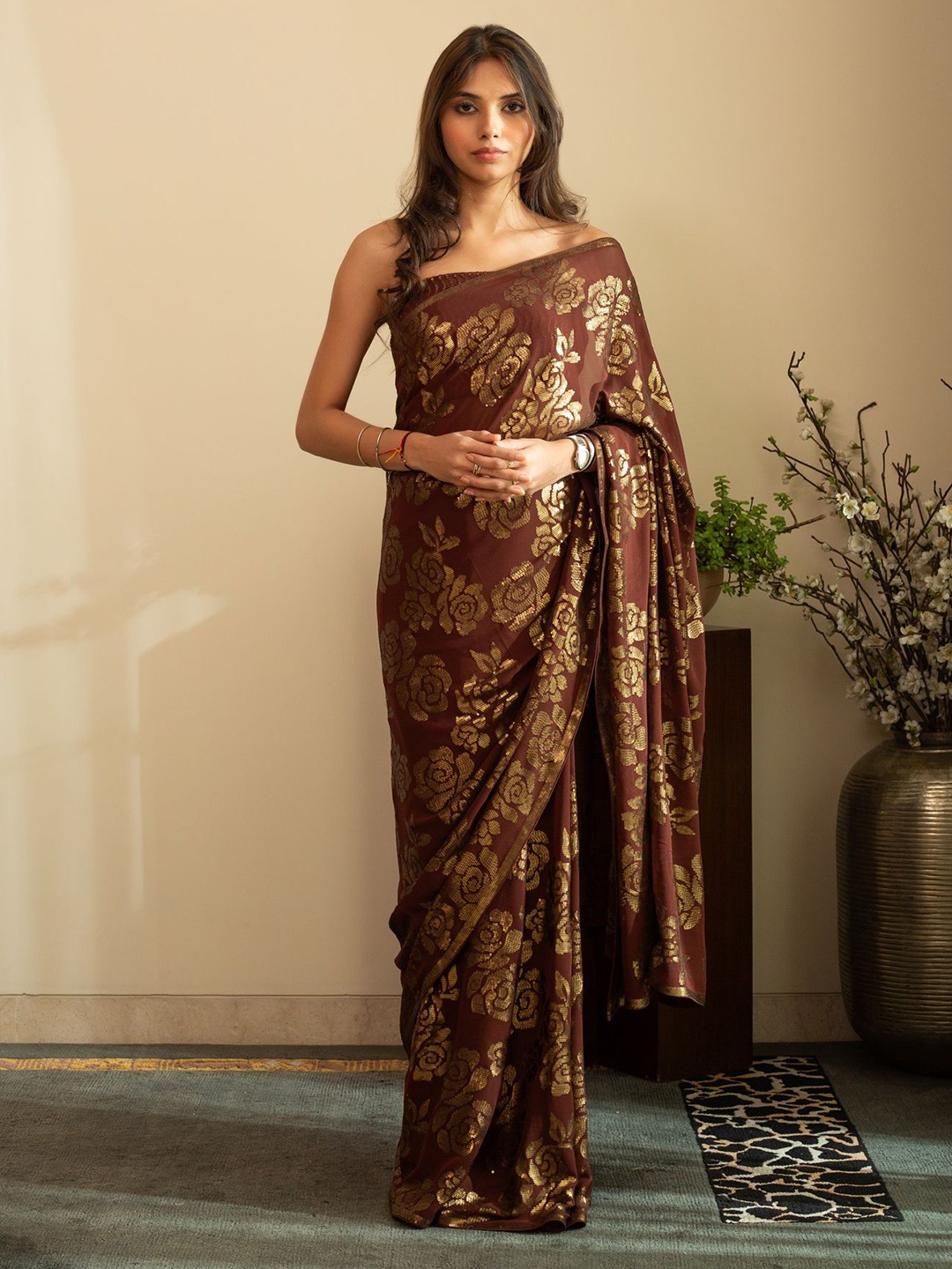 

HOUSE OF INARI Embellished Woven Design Saree, Brown