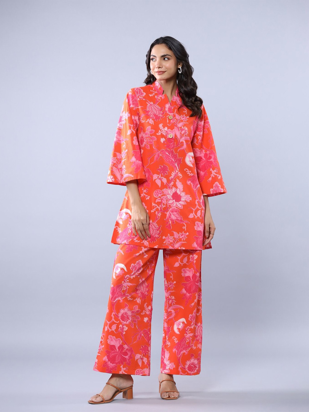 

JISORA Floral Printed Pure Cotton Tunic With Trouser, Orange