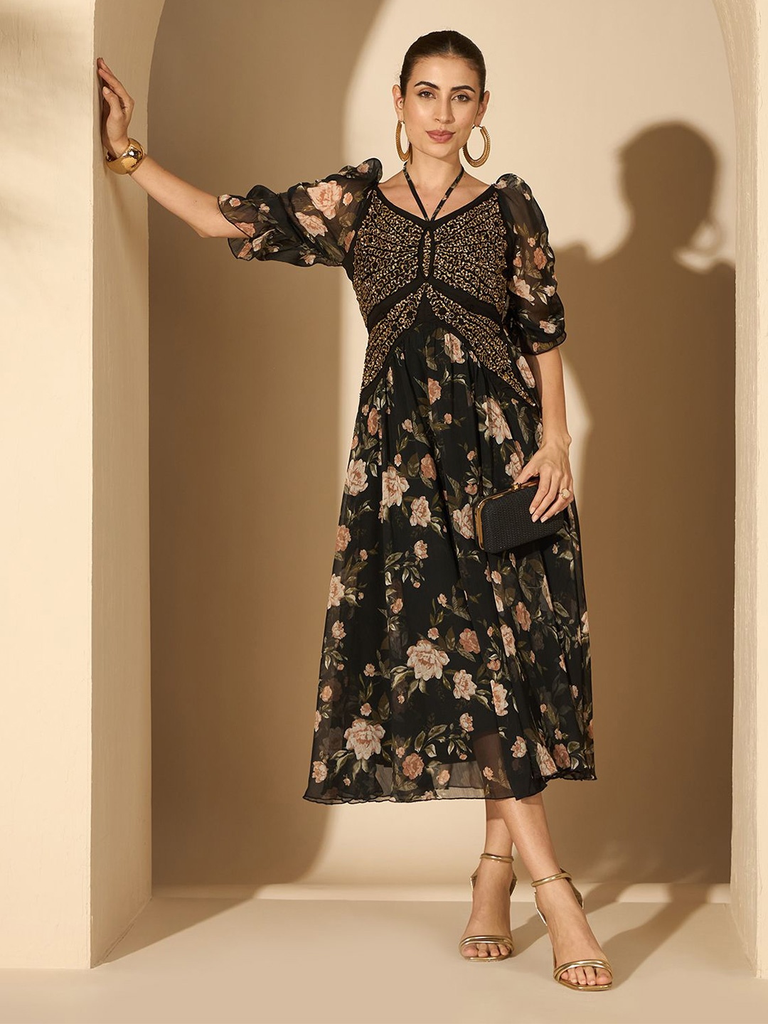 

Antheaa Women Embellished Floral Printed Three-Quarter Sleeves Dress, Black
