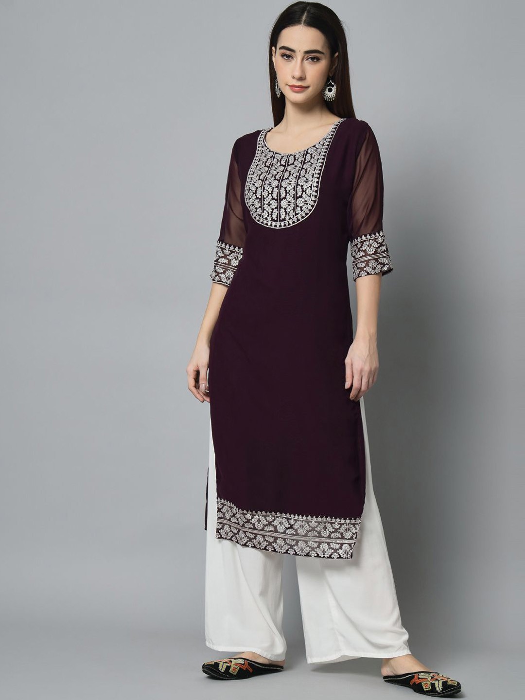 

HERE&NOW Women Embroidered Thread Work Georgette Kurta, Purple