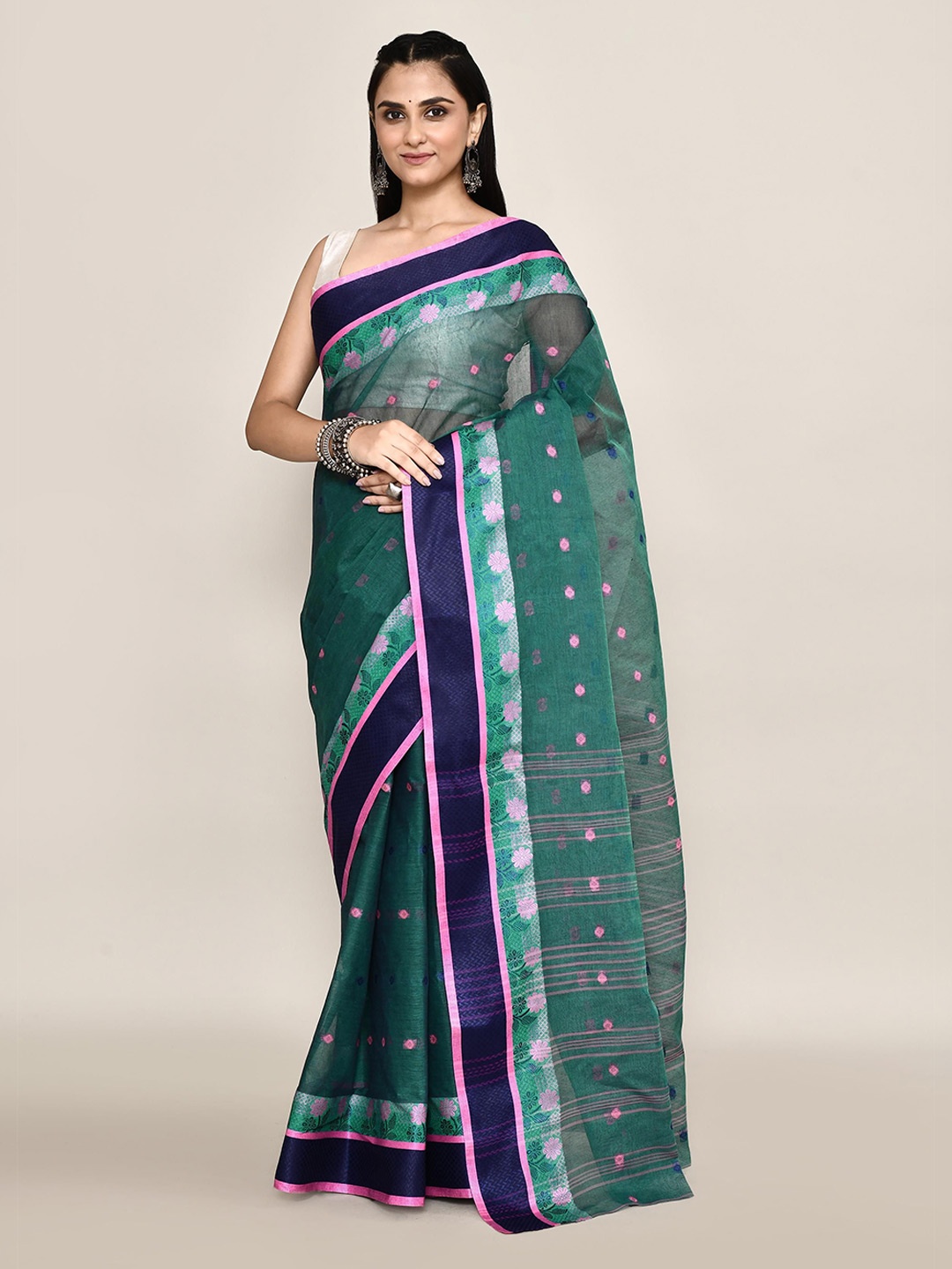 

PUKU Ethnic Motifs Woven Design Pure Cotton Taant Saree, Green